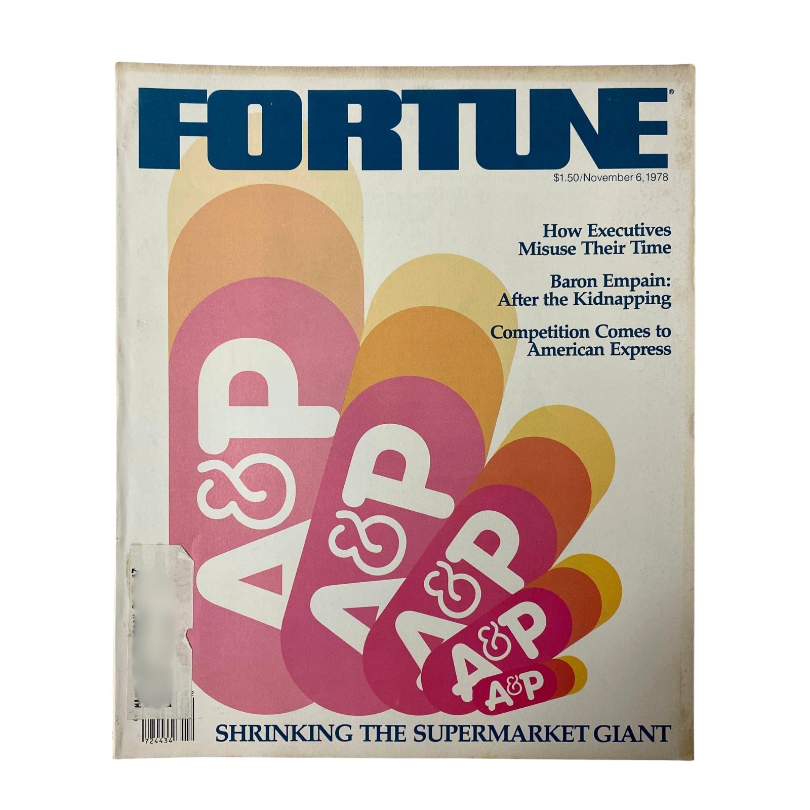Fortune Magazine cover from November 6, 1978, featuring the headline 'Shrinking The Supermarket Giant' with colorful design elements and images related to the supermarket industry.