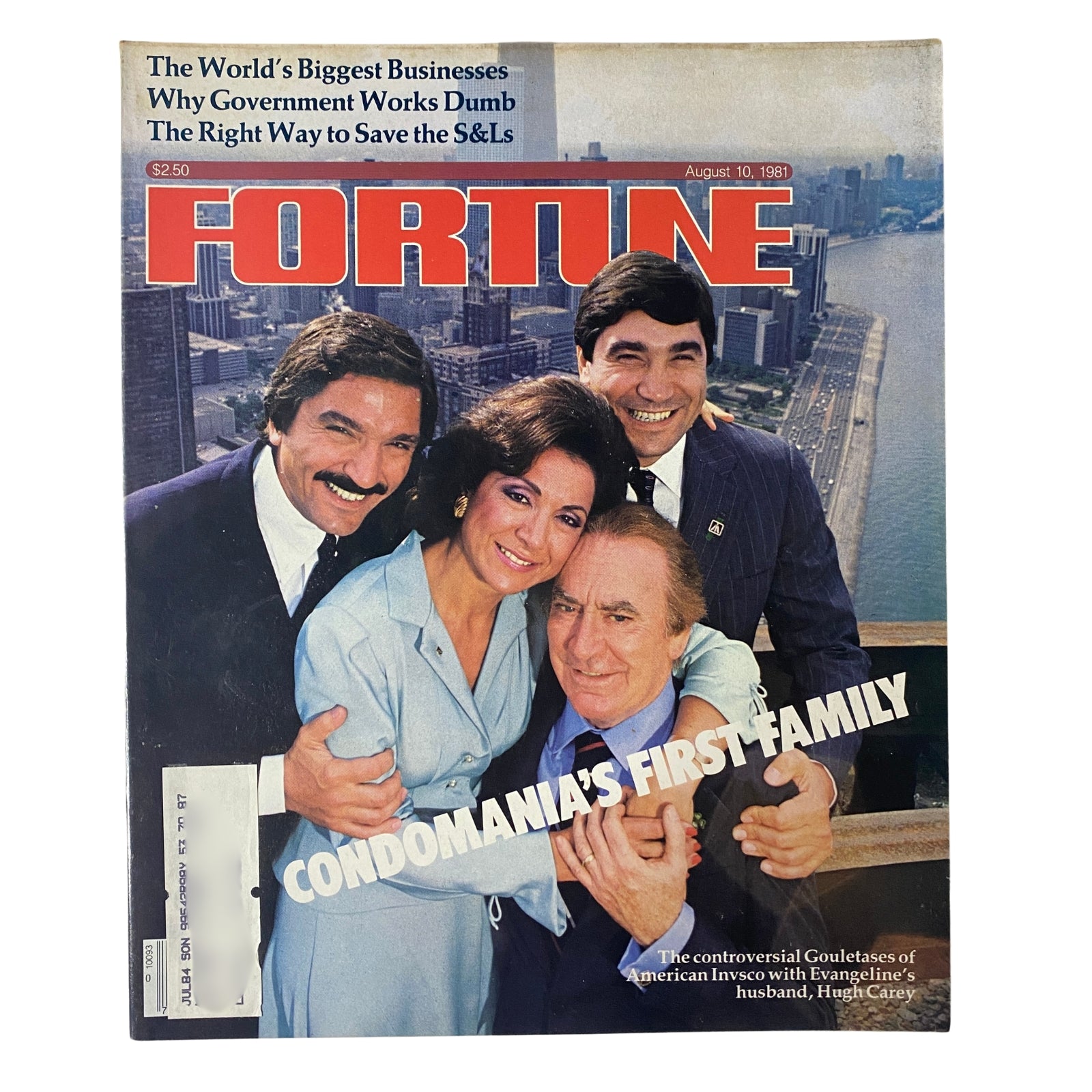 Cover of Fortune Magazine August 10, 1981 titled 'Condomania's First Family', featuring four individuals celebrating the condominium boom, with a city skyline in the background.