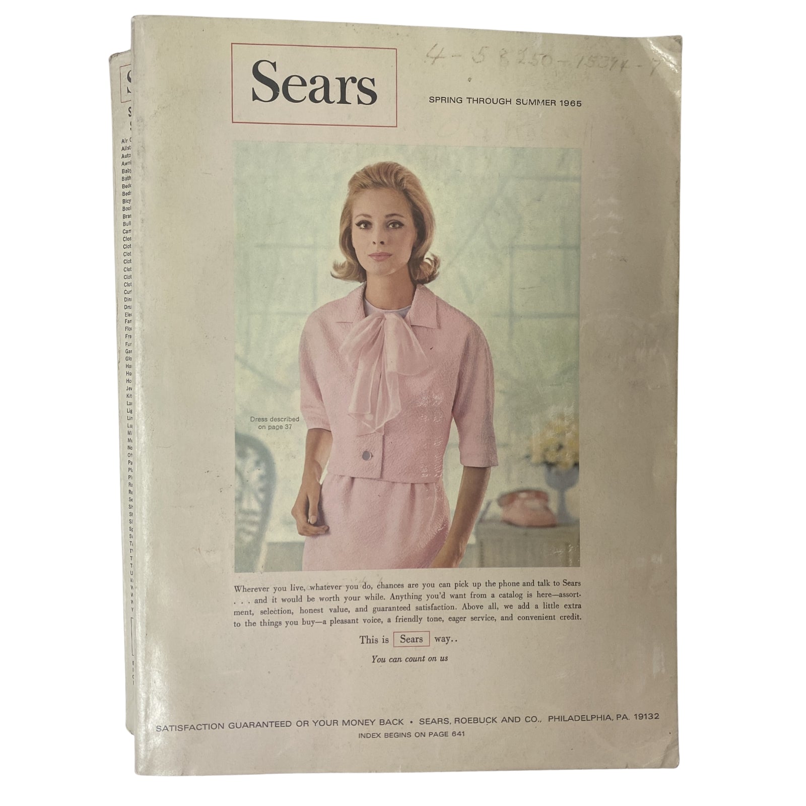 Cover of the 1965 Sears Spring and Summer Catalog featuring a model in a pink outfit with bow detail, showcasing mid-20th century fashion styles.