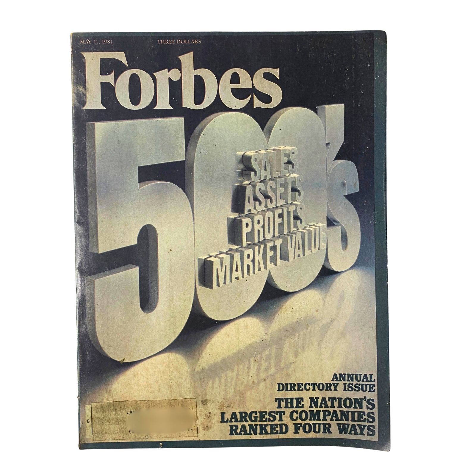 Forbes Magazine May 11, 1981 cover featuring the headline '500s Sales, Assets, Profits & Market Value' with additional text about the nation's largest companies ranked four ways.