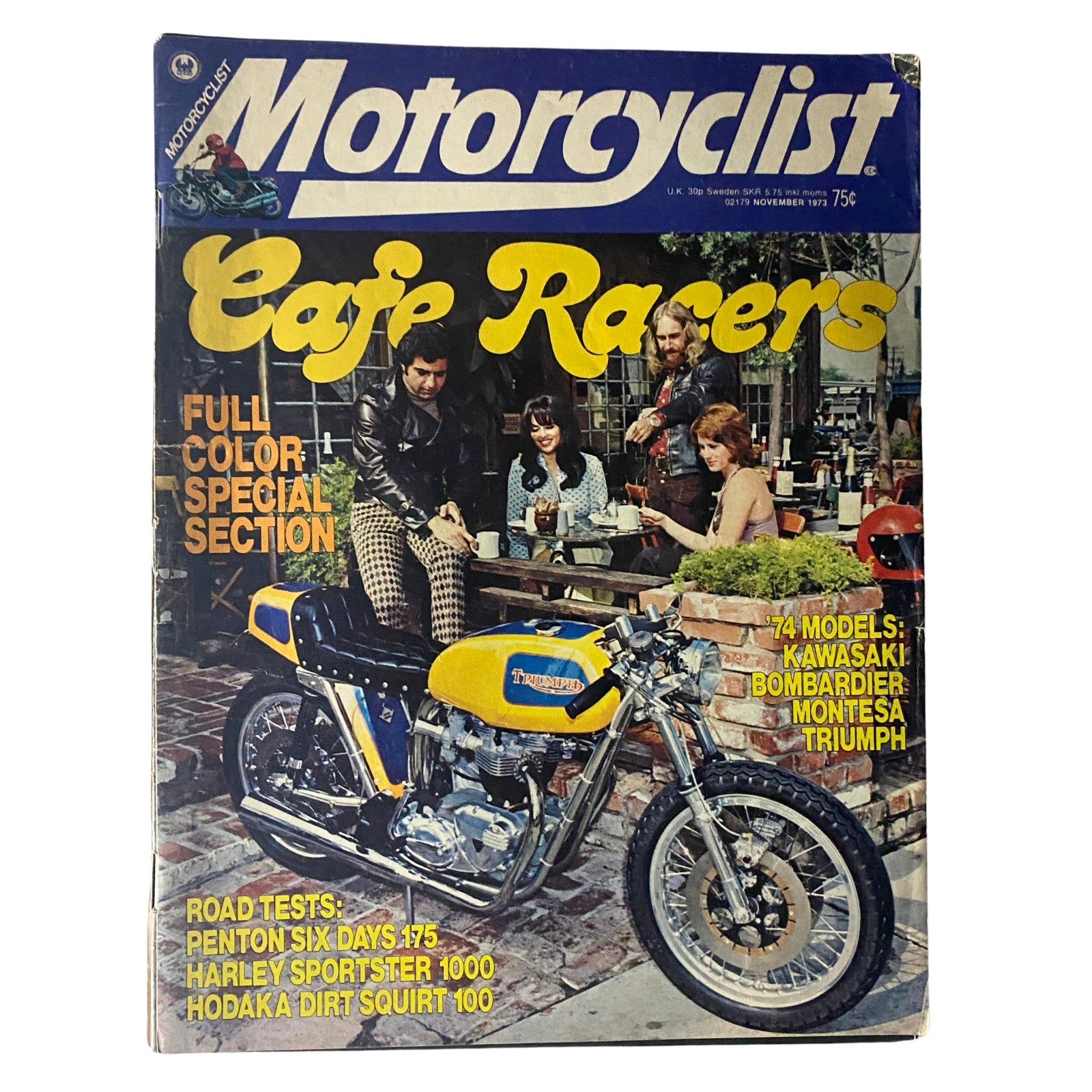 Cover of Motorcyclist Magazine, November 1973, featuring the Penton 175 Jackpiner bike with a cafe racer theme and vibrant colors.