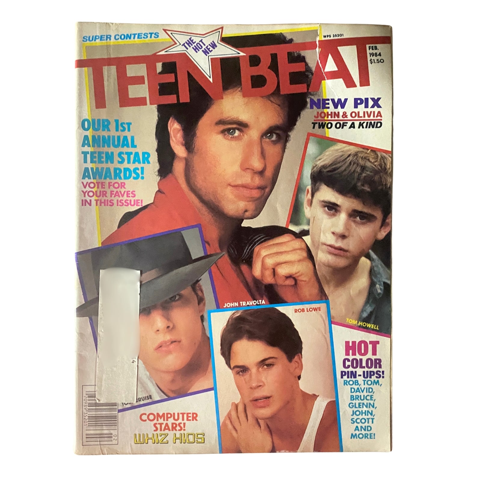 Teen Beat Magazine February 1984 cover featuring John Travolta, Olivia Newton-John, Rob Lowe, and Tom Howell, highlighting their two of a kind feature.