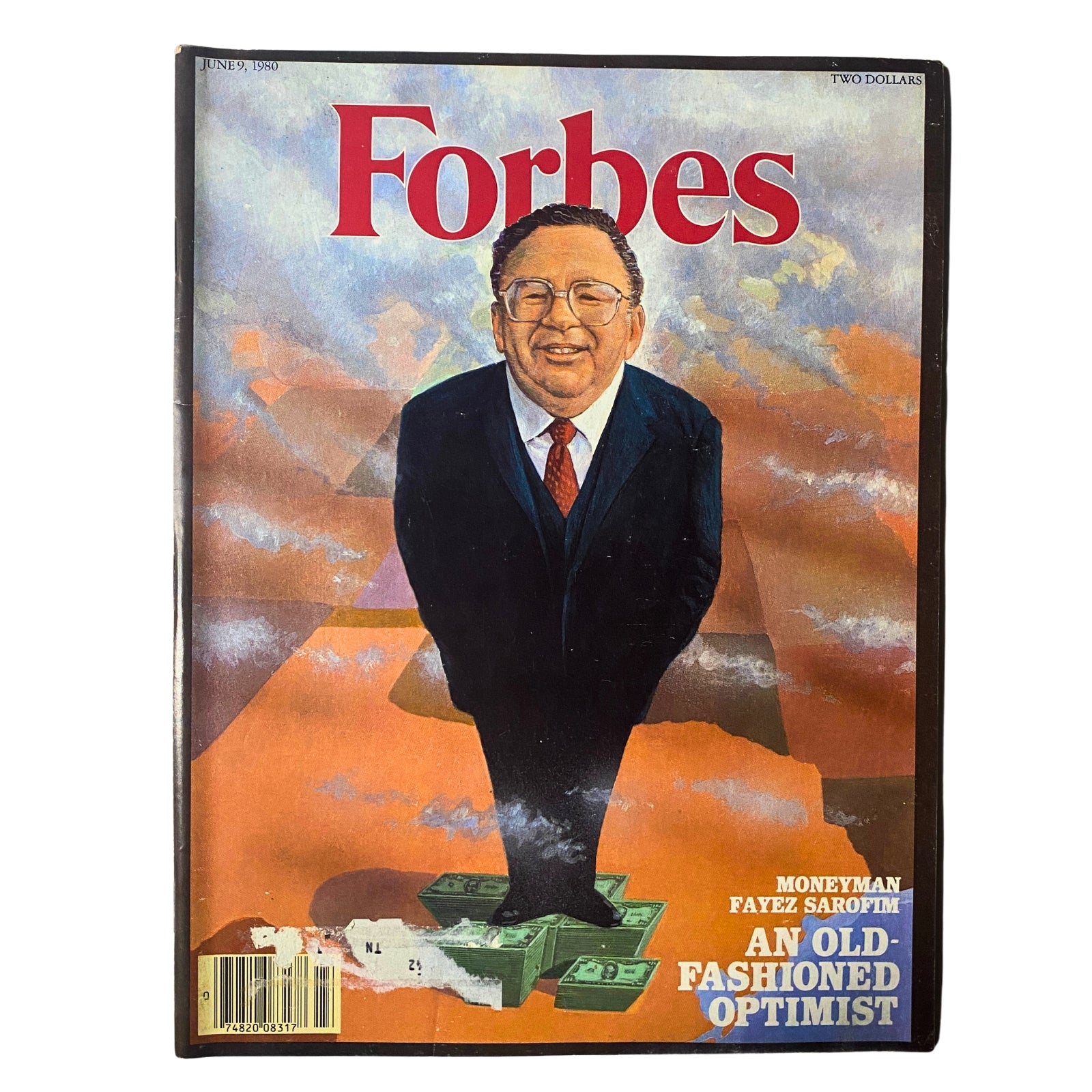 Forbes Magazine cover from June 9, 1980 featuring money manager Fayez Sarofim with a unique illustration, titled 'An Old-Fashioned Optimist'. This vintage issue highlights Sarofim's insights on the U.S. economy.