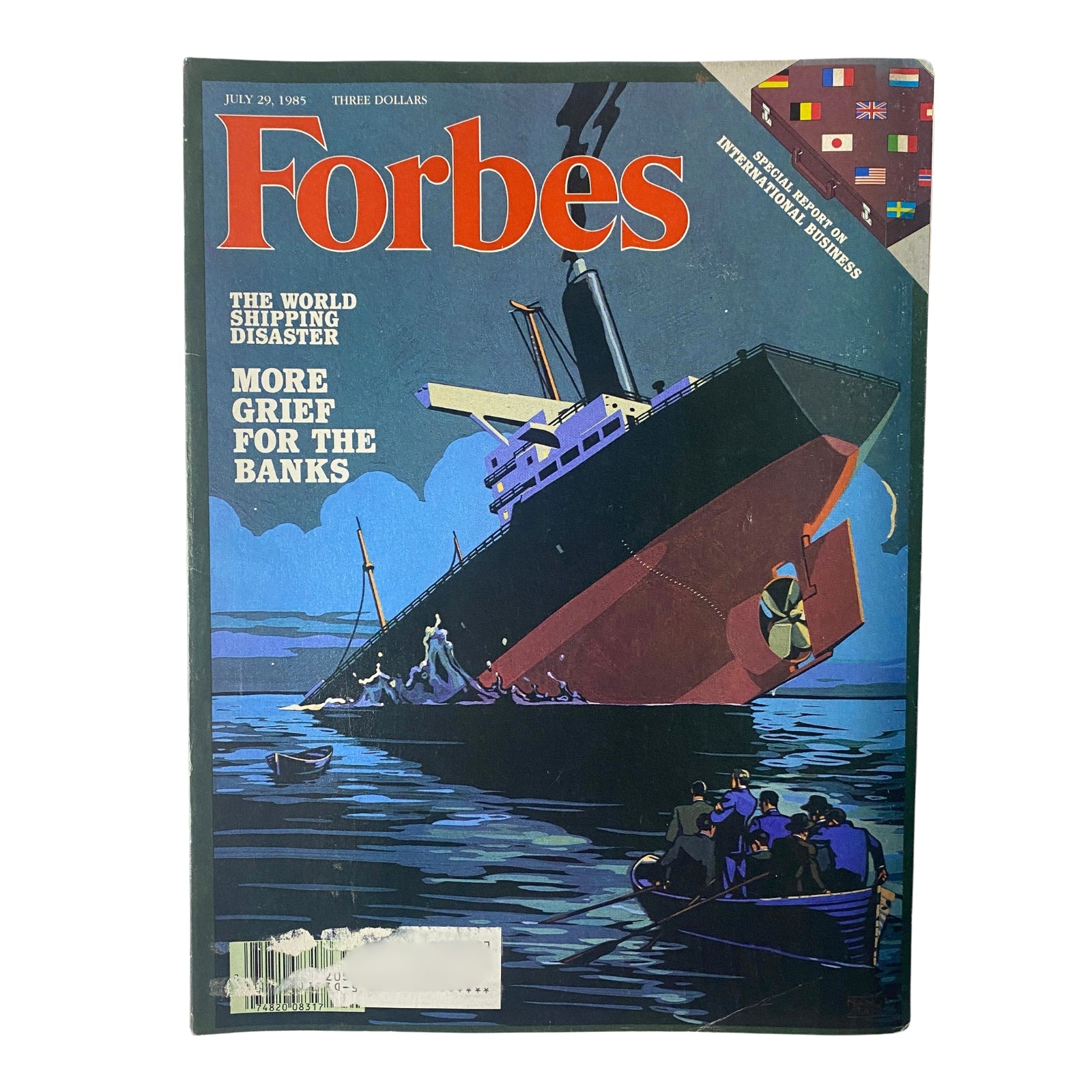 Forbes Magazine July 29, 1985 cover featuring the title 'The World Shipping Disaster' with a graphic illustration of a large ship and a boat, emphasizing the shipping crisis theme.