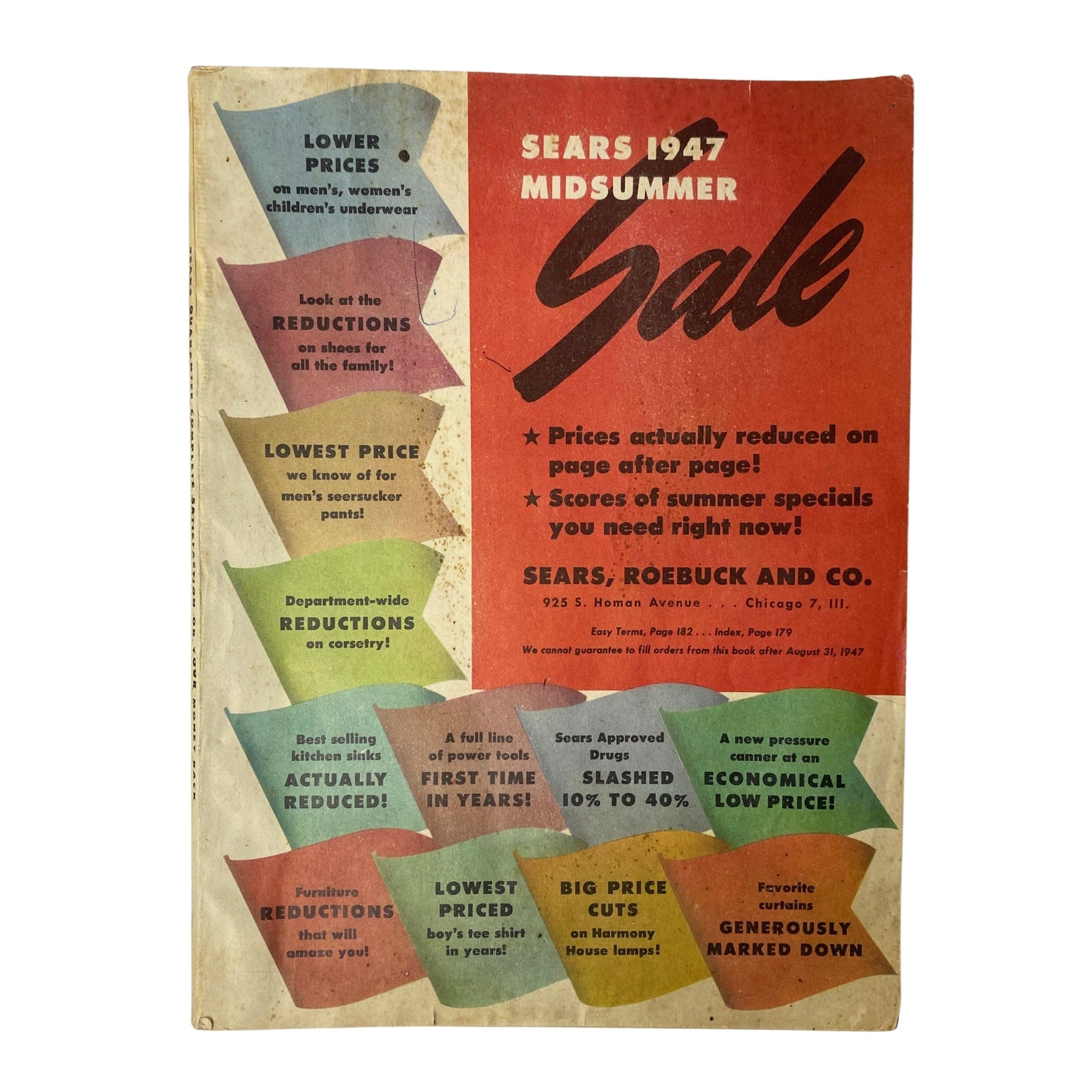 1947 Sears Midsummer Sale Catalog cover featuring colorful signs highlighting discounts and promotions for summer products, showcasing vintage retail design.