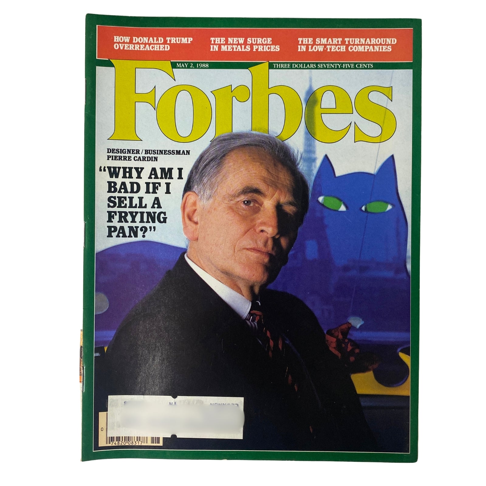 Forbes Magazine May 2, 1988 cover featuring designer-businessman Pierre Cardin, discussing luxury branding and consumerism.