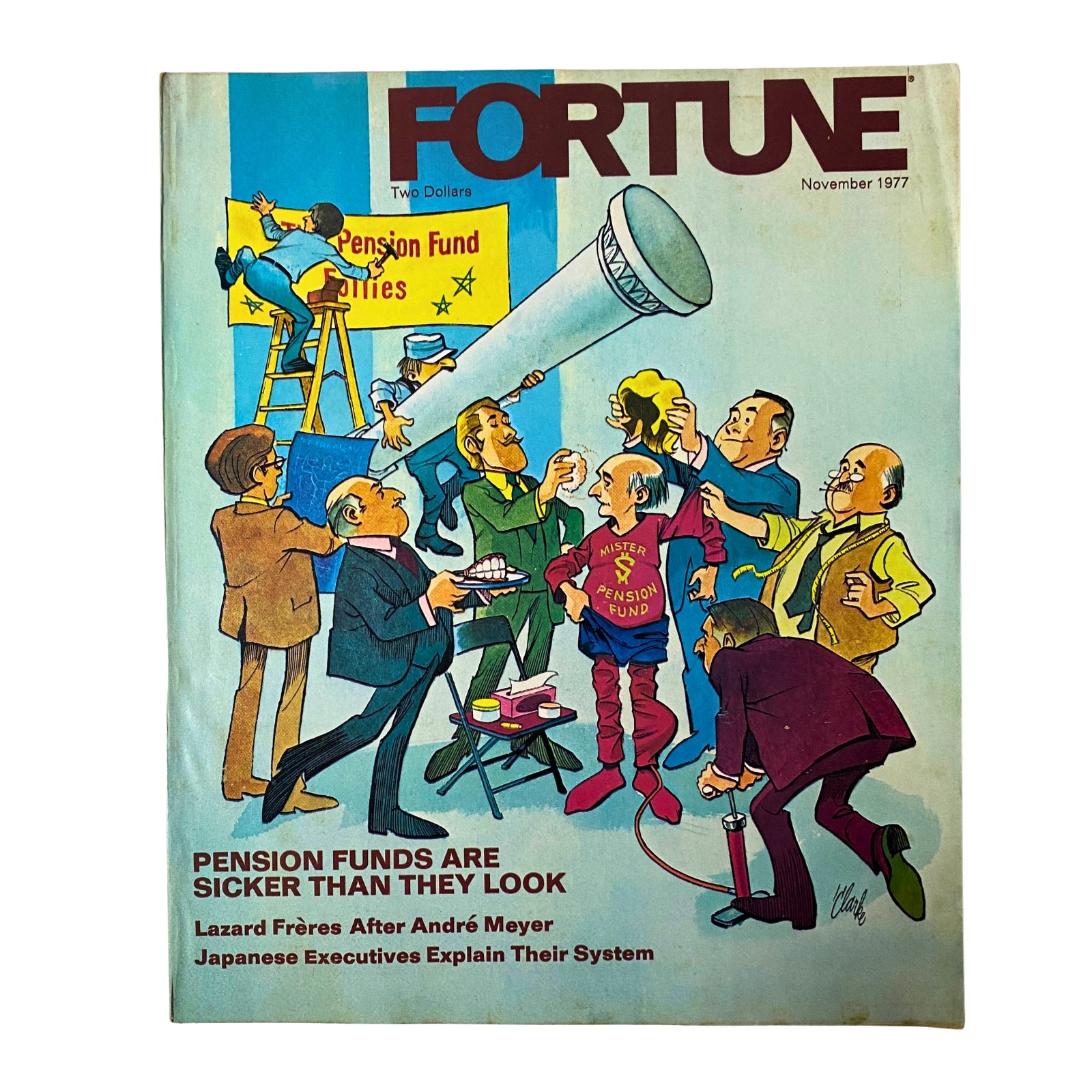 Cover of Fortune Magazine, November 1977, featuring the title 'Pension Funds Are Sicker Than They Look'. The illustration includes characters discussing pension funds, with a cartoon-like style highlighting economic themes. This vintage magazine cover emphasizes critical financial insights relevant to corporate and governmental pension plans.