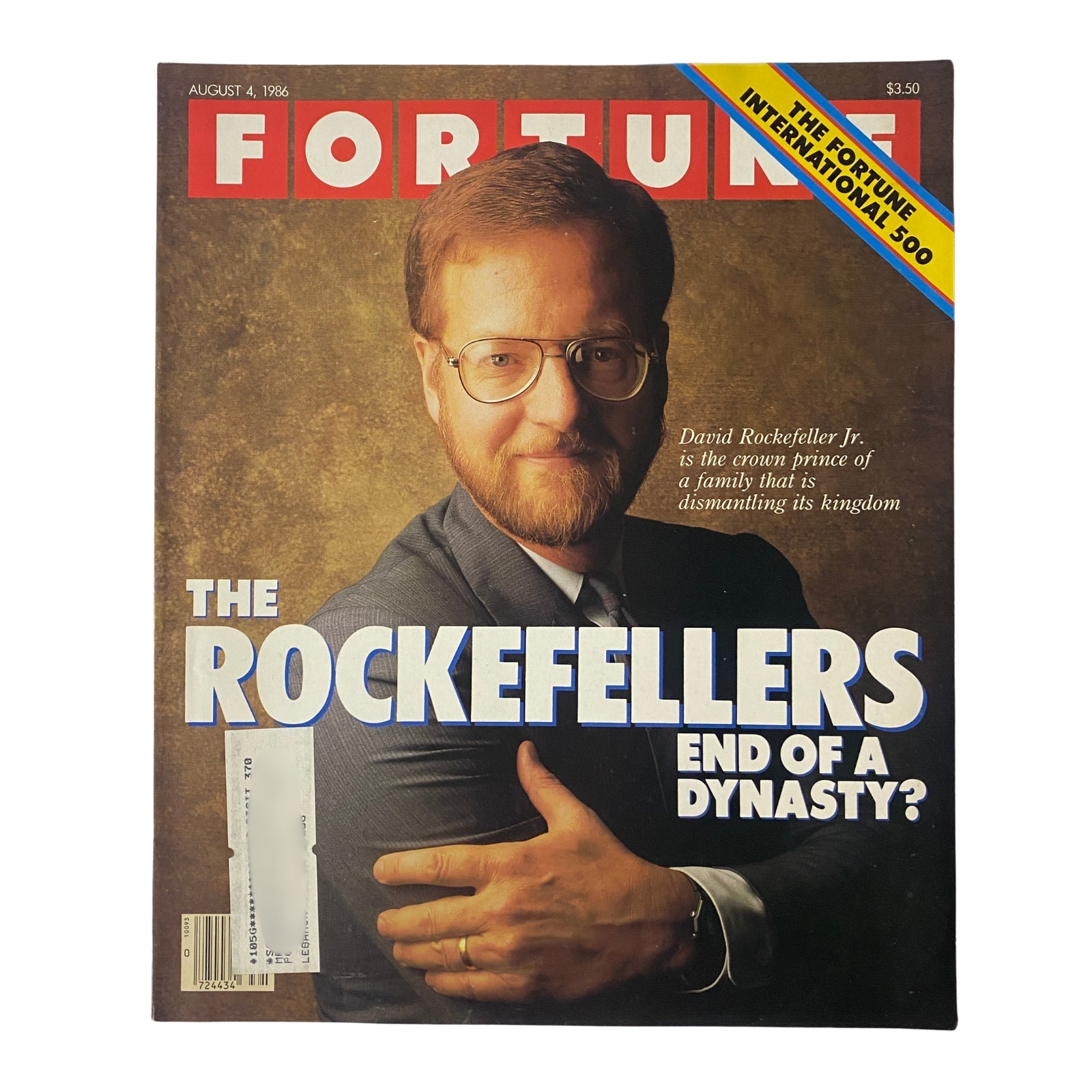 Fortune Magazine cover from August 4, 1986 featuring David Rockefeller Jr., with the title 'The Rockefellers: End of a Dynasty?'. The magazine explores the Rockefeller family's financial legacy and wealth management.