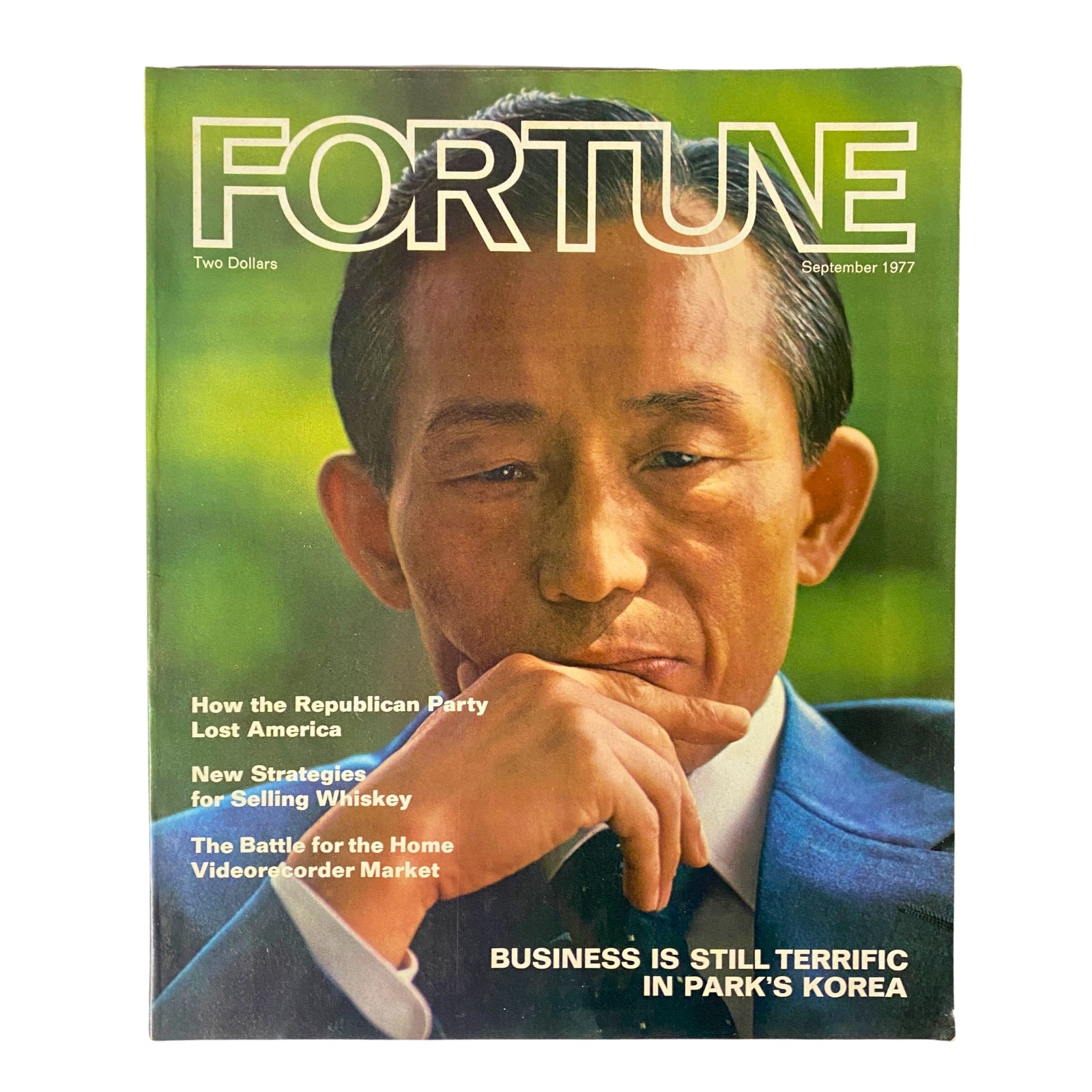 Cover of Fortune Magazine, September 1977, titled 'Business is Still Terrific in Park's Korea,' featuring an image of a thoughtful man with the magazine title prominently displayed.