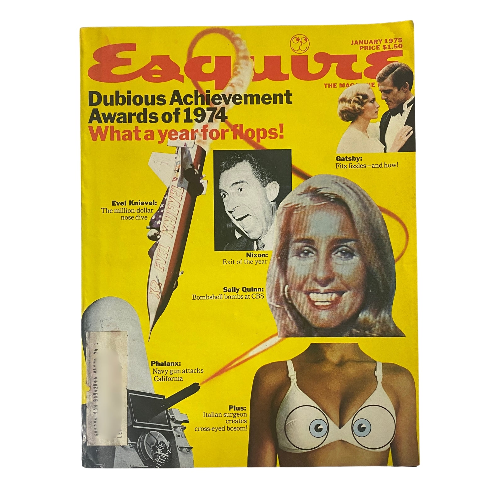 Esquire Magazine January 1975 cover featuring Sally Quinn, Richard Nixon, and Evel Knievel, highlighting the Dubious Achievement Awards of 1974.