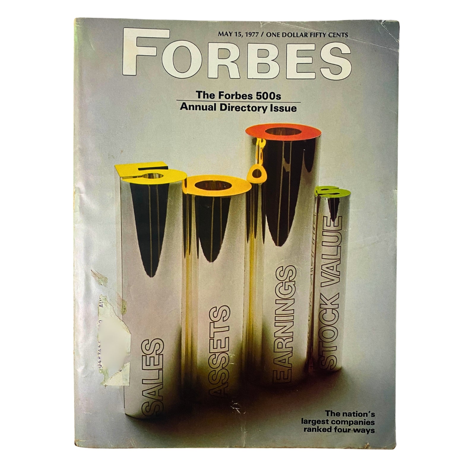Forbes Magazine May 15, 1977 cover featuring the Forbes 500 rankings, highlighting categories including Sales, Assets, Earnings, and Stock Value. A vintage magazine showcasing the nation's largest companies ranked four-ways.