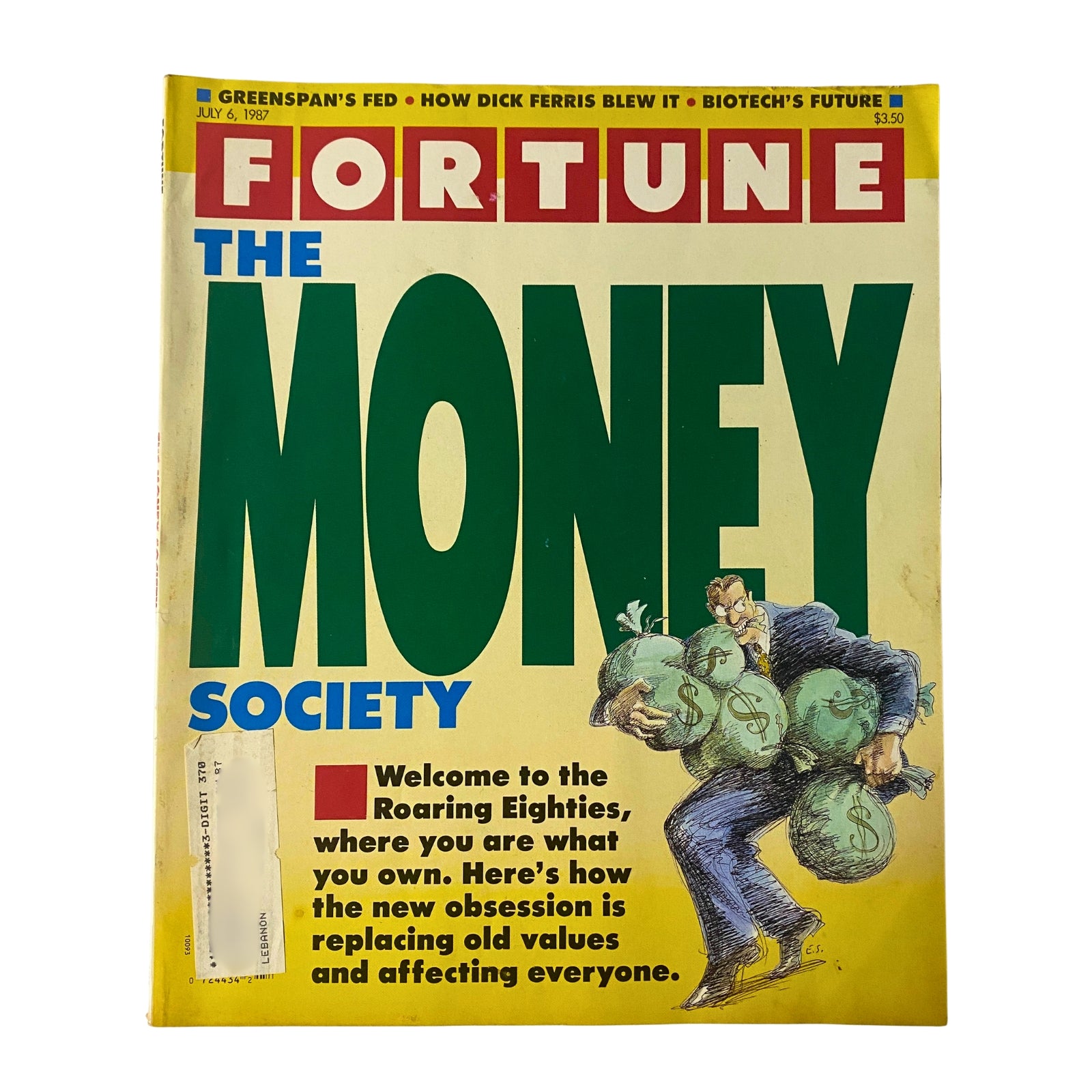 Fortune Magazine July 6, 1987 cover featuring 'The Money Society' with illustrations depicting the wealth-focused culture of the Roaring Eighties.
