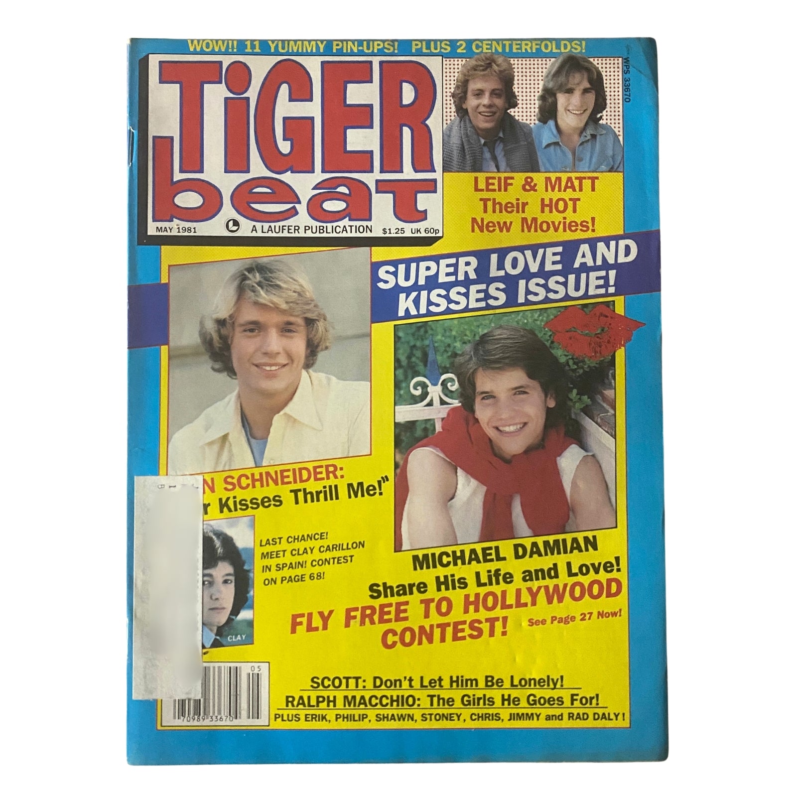 Tiger Beat Magazine May 1981 cover featuring John Schneider and Michael Damian with text highlighting 'Super Love and Kisses Issue' and promotion for contests.