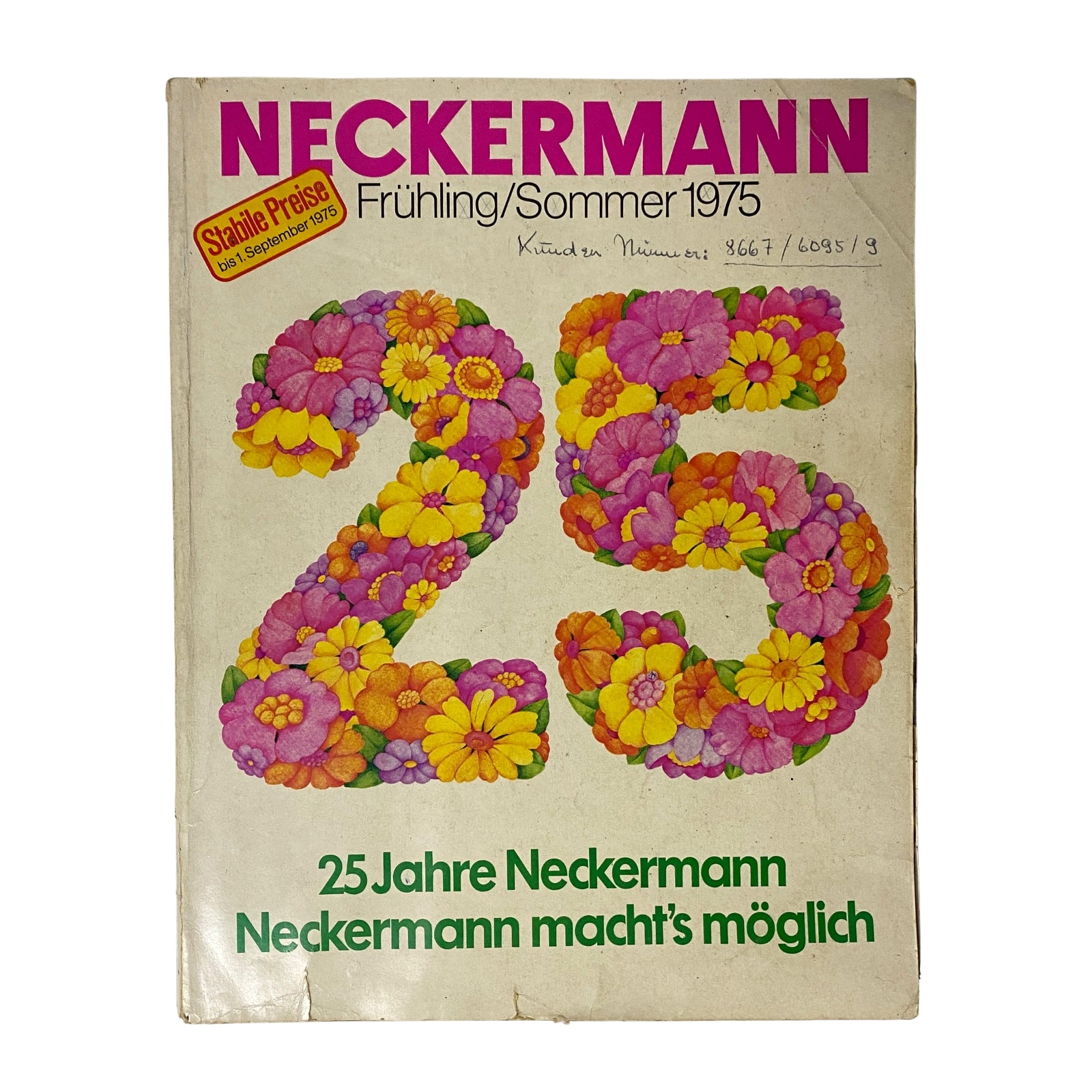Cover of the 1975 Neckermann Spring and Summer Catalog featuring vibrant floral designs and the title in bold letters, celebrating 25 years of Neckermann.
