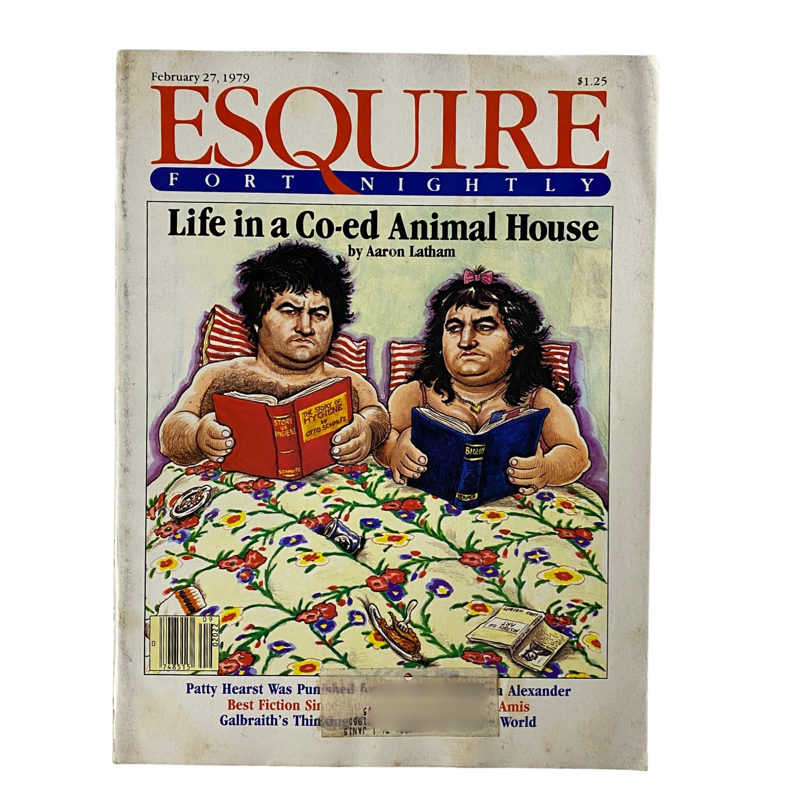 Esquire Magazine cover from February 27, 1979, featuring the bold headline 'Life in a Co-ed Animal House' by Aaron Latham, illustrated with a humorous depiction of college life.