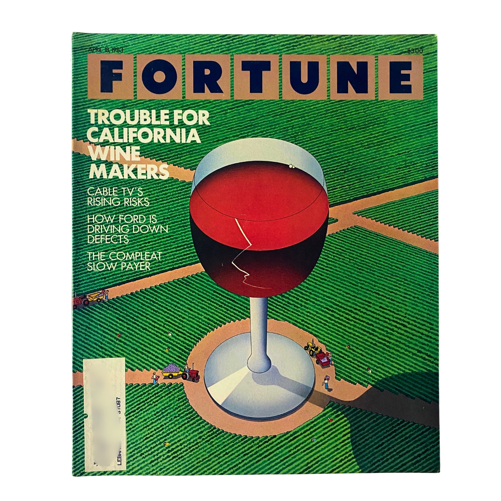 Fortune Magazine cover from April 18, 1983, featuring the title 'Trouble for California Wine Makers' with an illustration of a wine glass over vineyards, highlighting economic challenges in the wine industry.