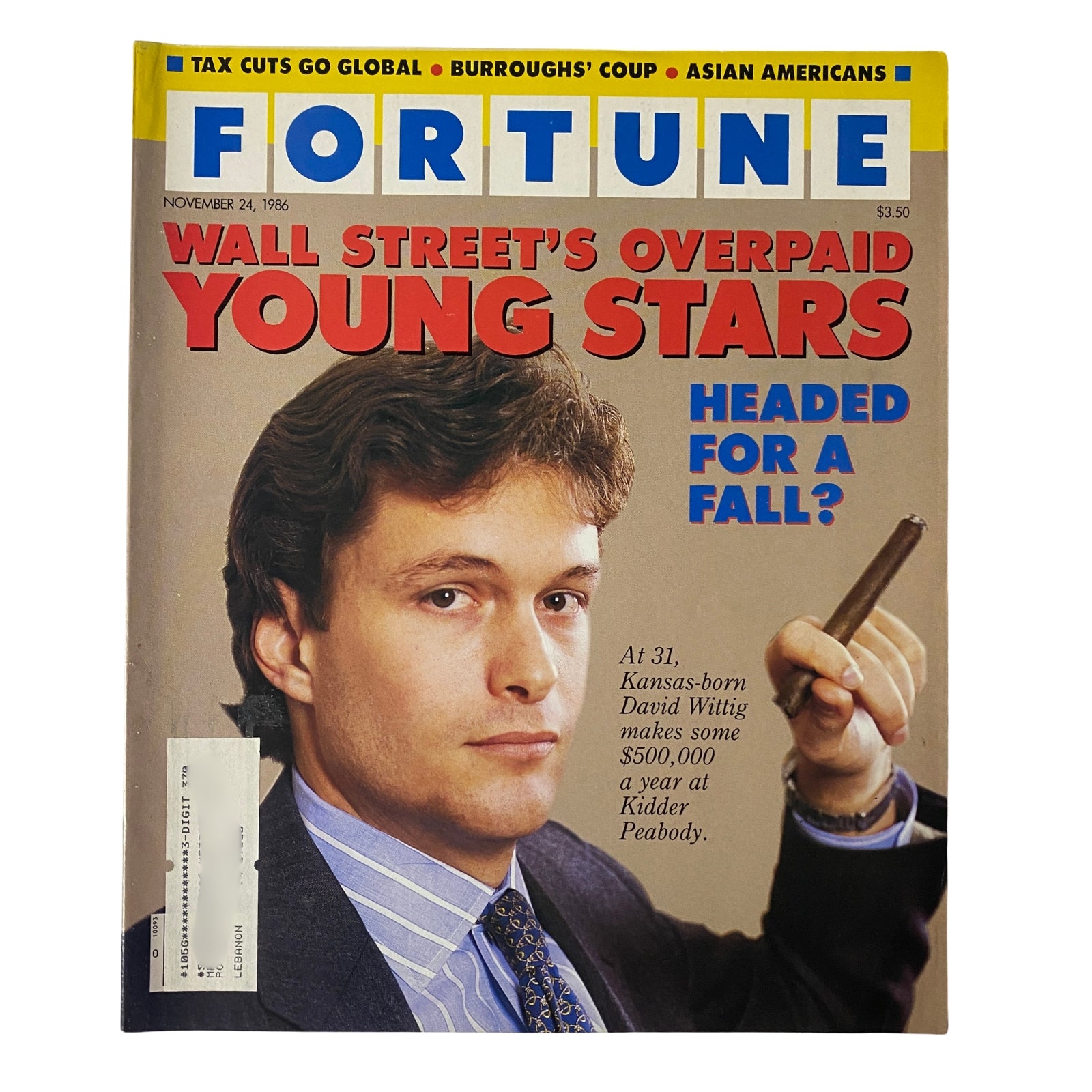 Cover of Fortune Magazine, November 24, 1986, featuring Kansas-born David Wittig, with the headline "Wall Street's Overpaid Young Stars: Headed for a Fall?" showcasing the economic themes of the 1980s.