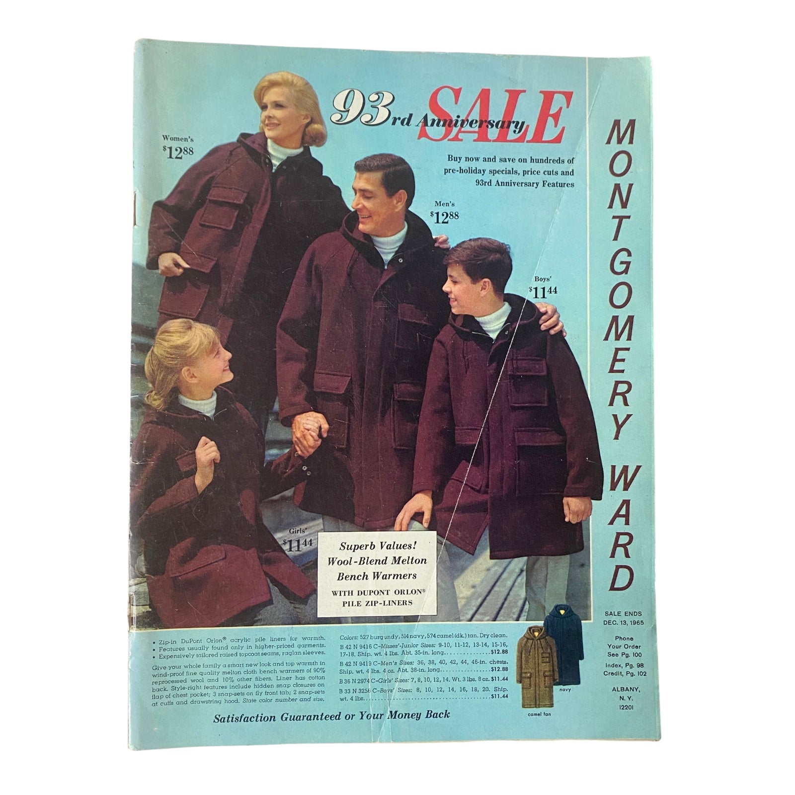 Cover of the 1965 Montgomery Ward 93rd Anniversary Sale Catalog featuring four models in winter outerwear, highlighting the sale prices for various coats.