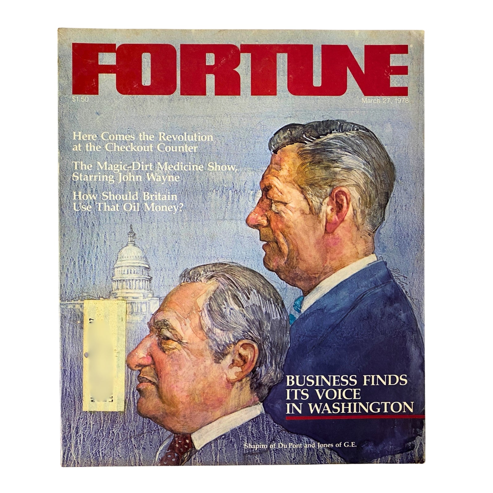 Front cover of Fortune Magazine March 27, 1978, featuring a dual portrait of Irving Shapiro and Reginald Jones, highlighting business themes including Washington lobbying and economic analysis.