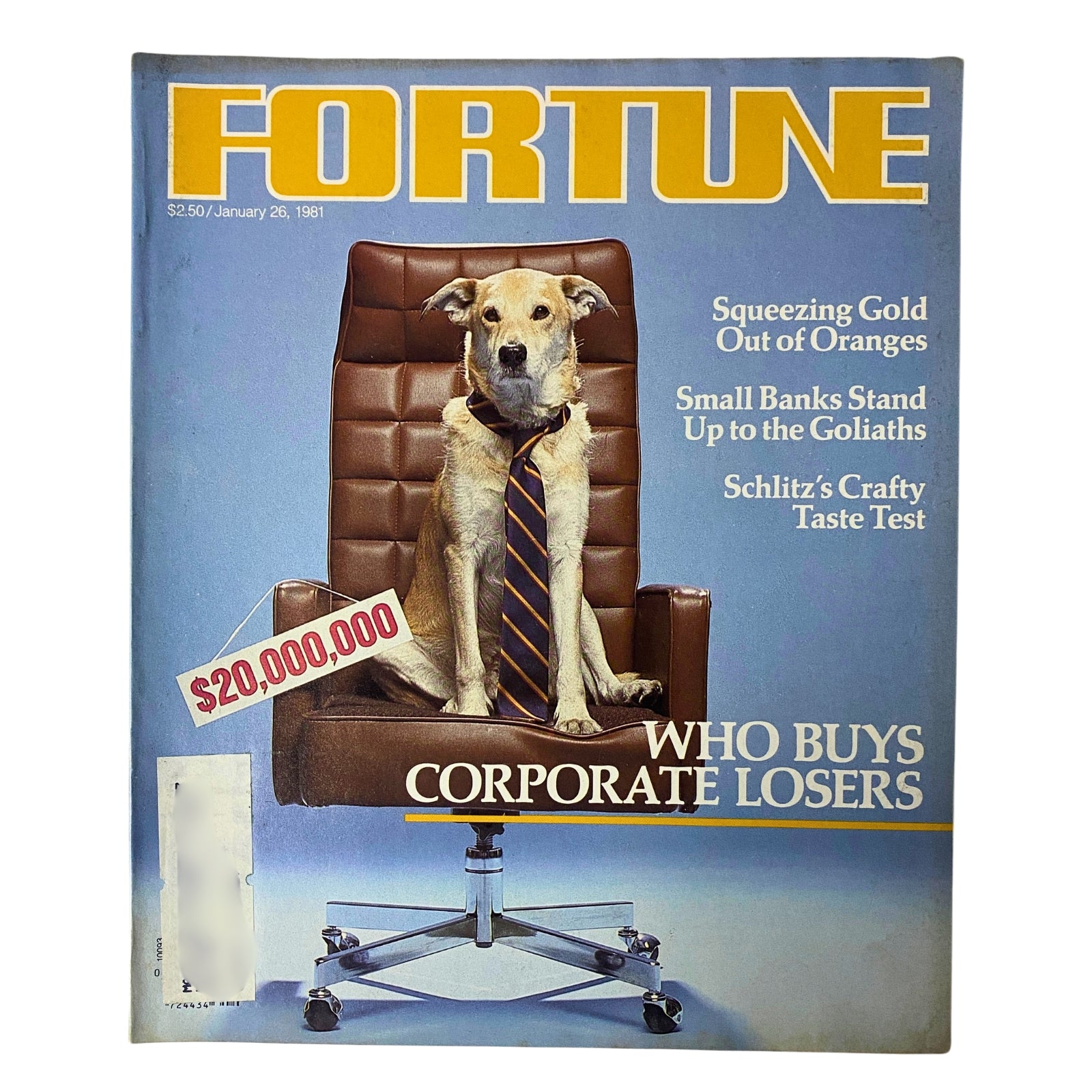 Fortune Magazine cover from January 26, 1981, featuring a dog in a suit on a chair, titled 'Who Buys Corporate Losers'. This vintage magazine explores investment strategies during economic downturns.