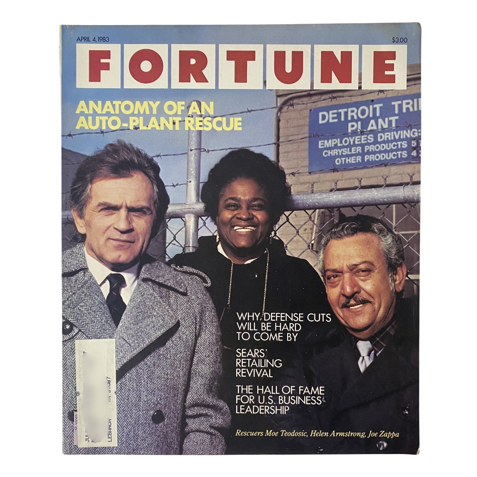 Cover of Fortune Magazine from April 4, 1983, featuring a prominent title 'Fortune' and the headline 'Anatomy of an Auto-Plant Rescue.' It includes images of rescuers Moe Teodosic, Helen Armstrong, and Joe Zappa, discussing important topics such as U.S. defense cuts and Sears' retailing revival.