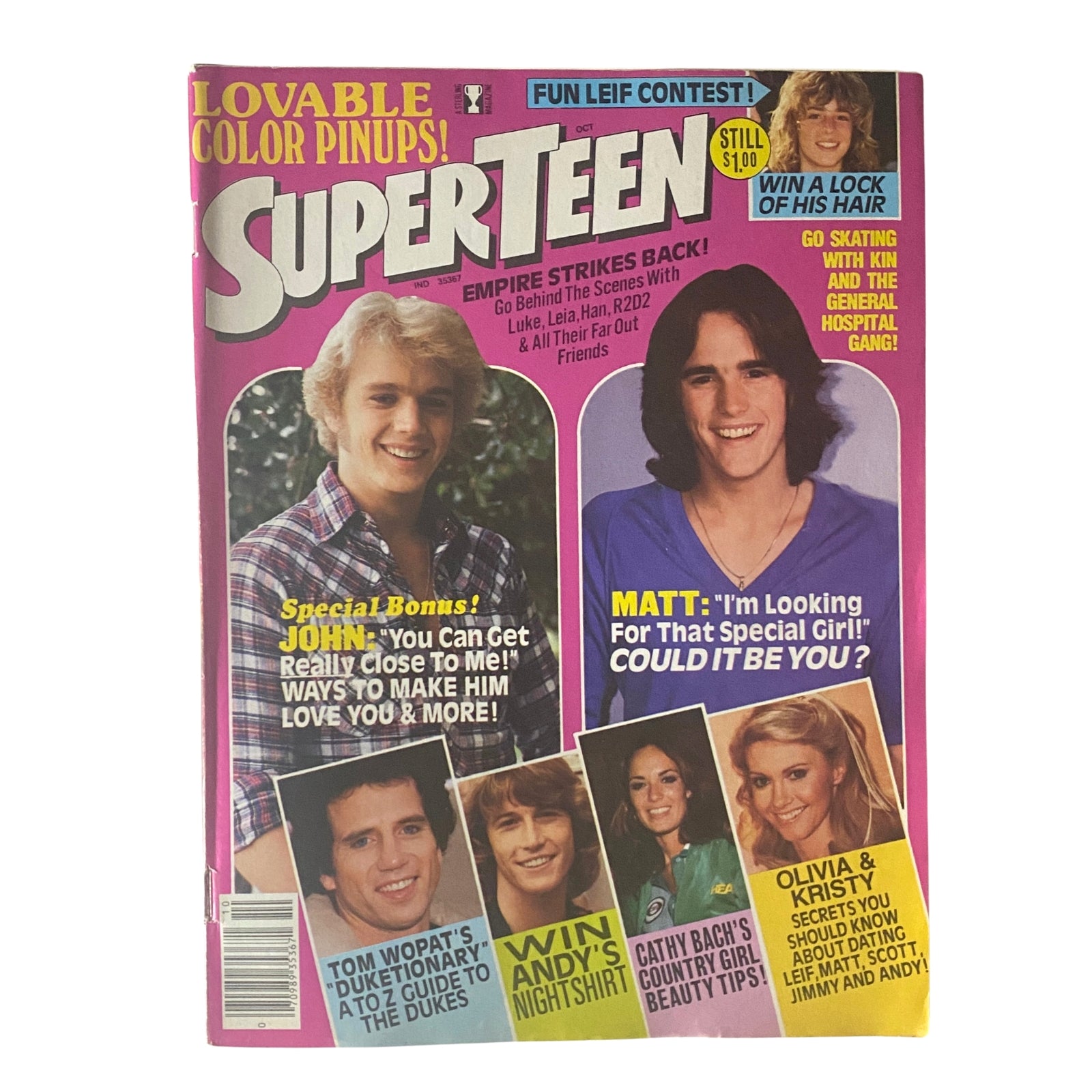 Cover of SuperTeen Magazine October 1980 featuring John Schneider and Matt Lattanzi, showcasing vibrant pinups and promotional content.
