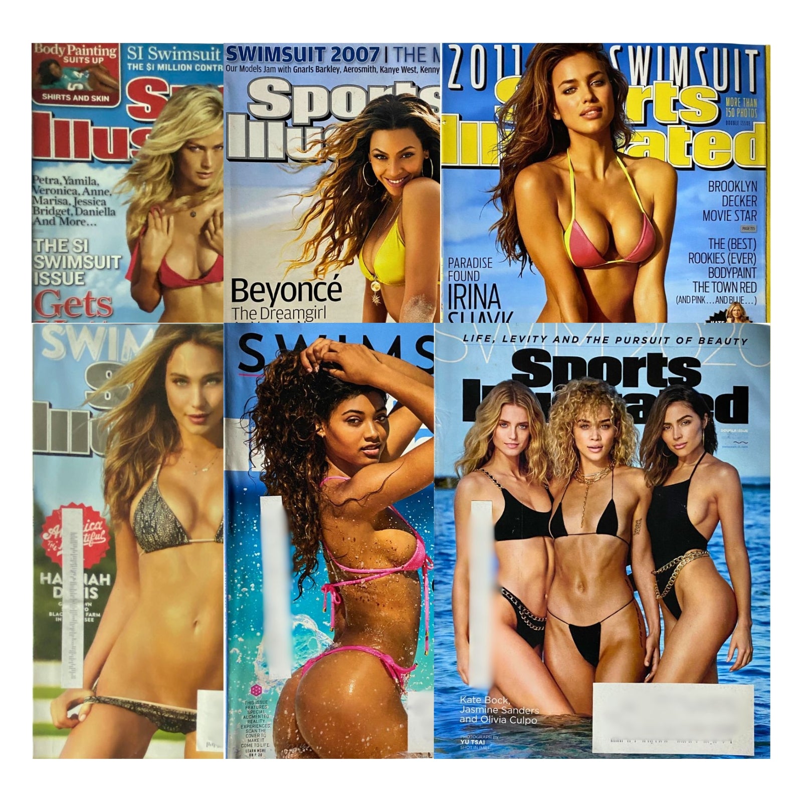 Lot of 6 2005-2020 Sports Illustrated Magazine Swimsuit Edition featuring covers with models wearing swimsuits in various styles. The collection showcases iconic covers, including Carolyn Murphy, Beyoncé, and Irina Shayk.