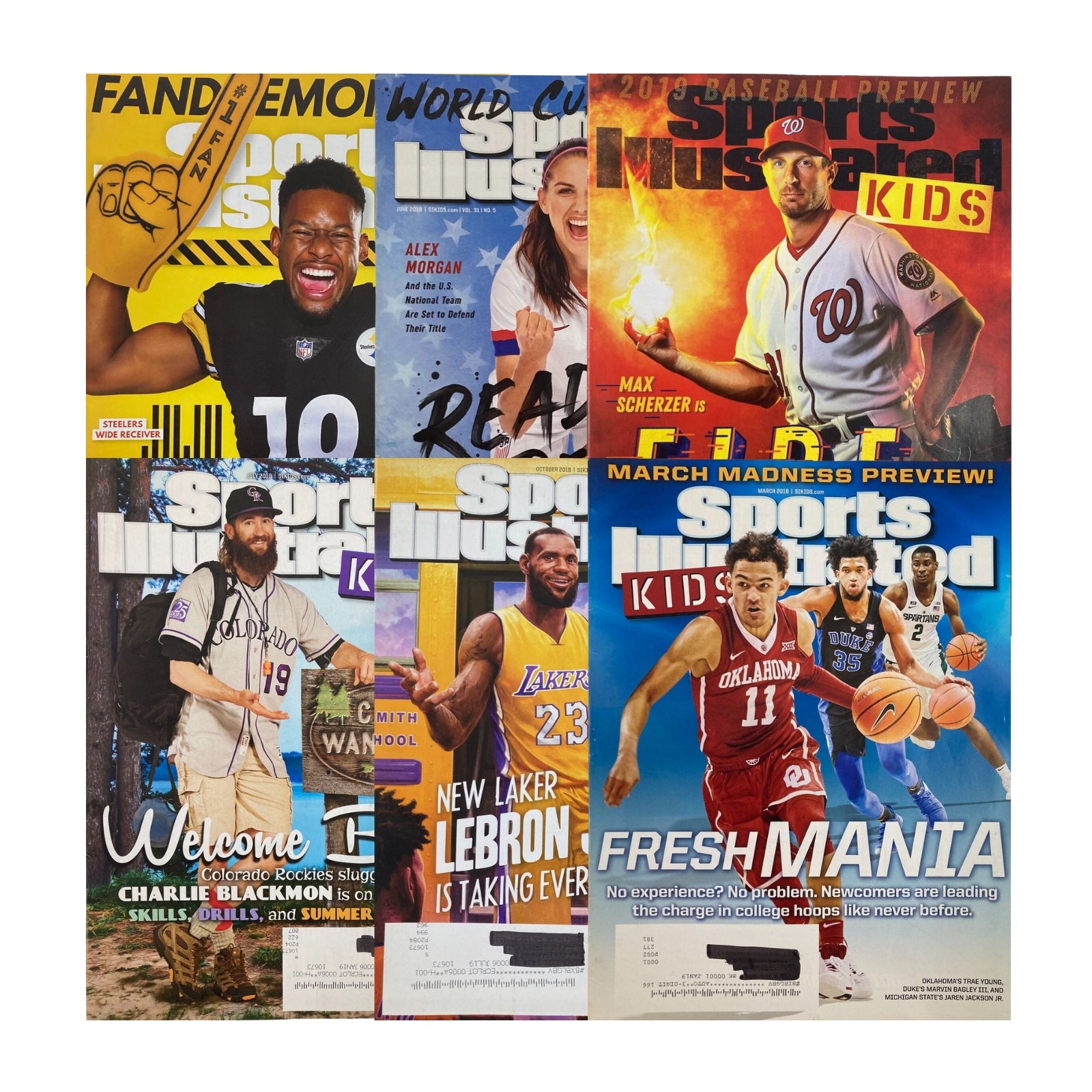 Lot of 6 2000s Sports Illustrated Kids Collection magazine covers featuring popular athletes including LeBron James, Alex Morgan, Max Scherzer, Charlie Blackmon, and Juju Smith-Schuster, ideal for young sports fans.