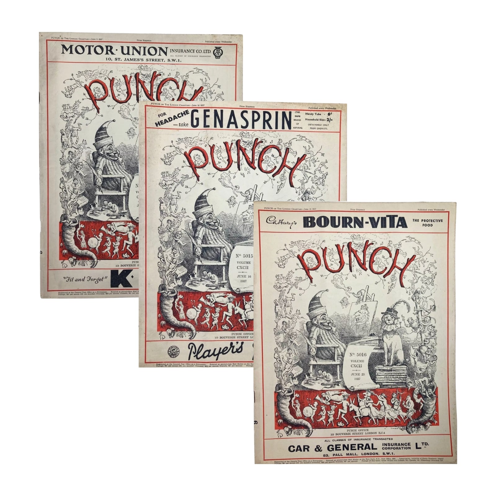 Lot of 3 Punch Magazines 1937 – June Issues WWII Cartoon & Satire