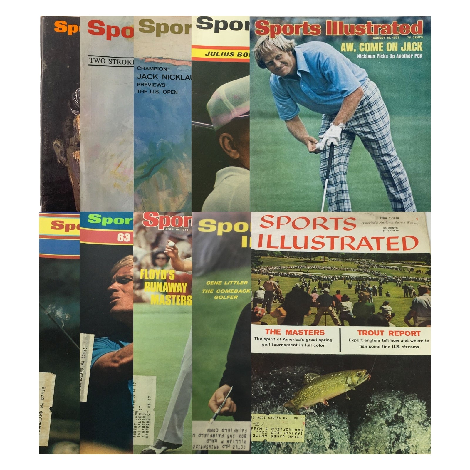 Lot of 10 1950s-1970s Sports Illustrated Magazine Golf Collection featuring covers of legendary golfers Jack Nicklaus, Julius Boros, and more, showcasing historic golfing moments and events.