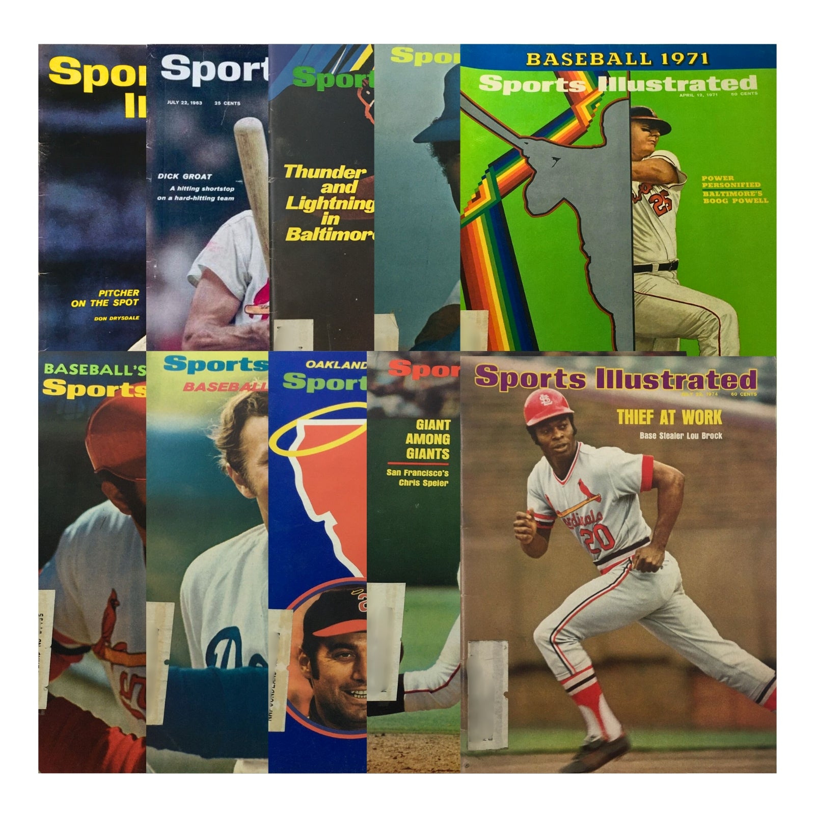 Lot of 10 1960s-1970s Baseball Stars Sports Illustrated Magazine covers showcasing iconic players like Don Drysdale, Lou Brock, and more. Ideal for collectors and fans of classic baseball.