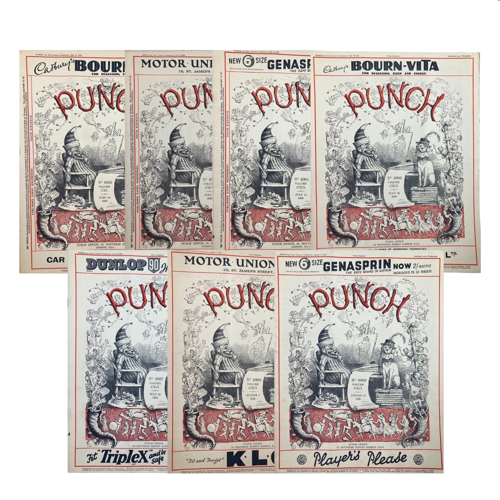 Lot of 7 Punch Magazine 1936 June, July and August WWII Cartoon & Humour