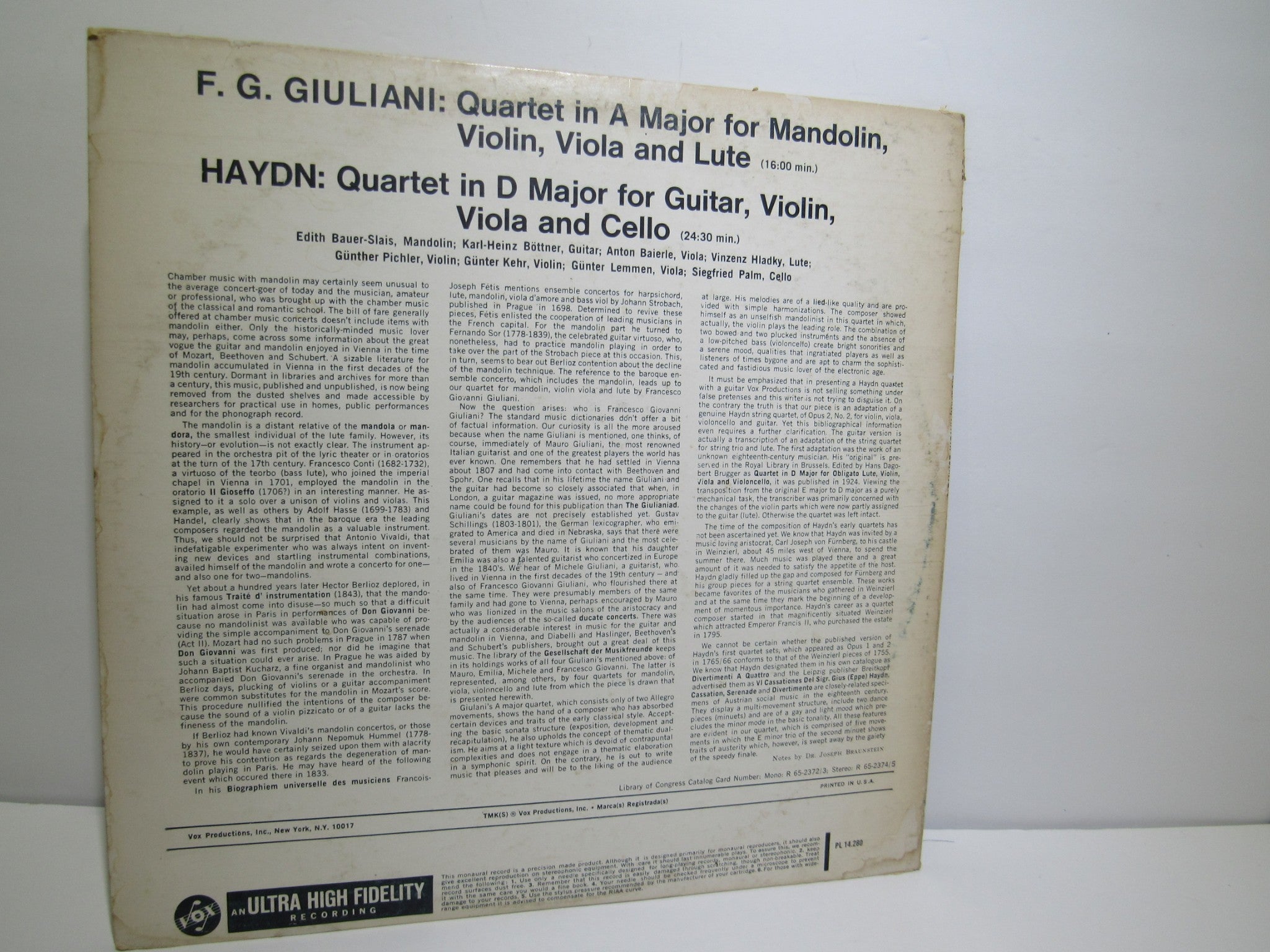 F.G. Giuliani / Haydn: Music For Mandolin And Guitar PL 14 280 LP Grade: VG
