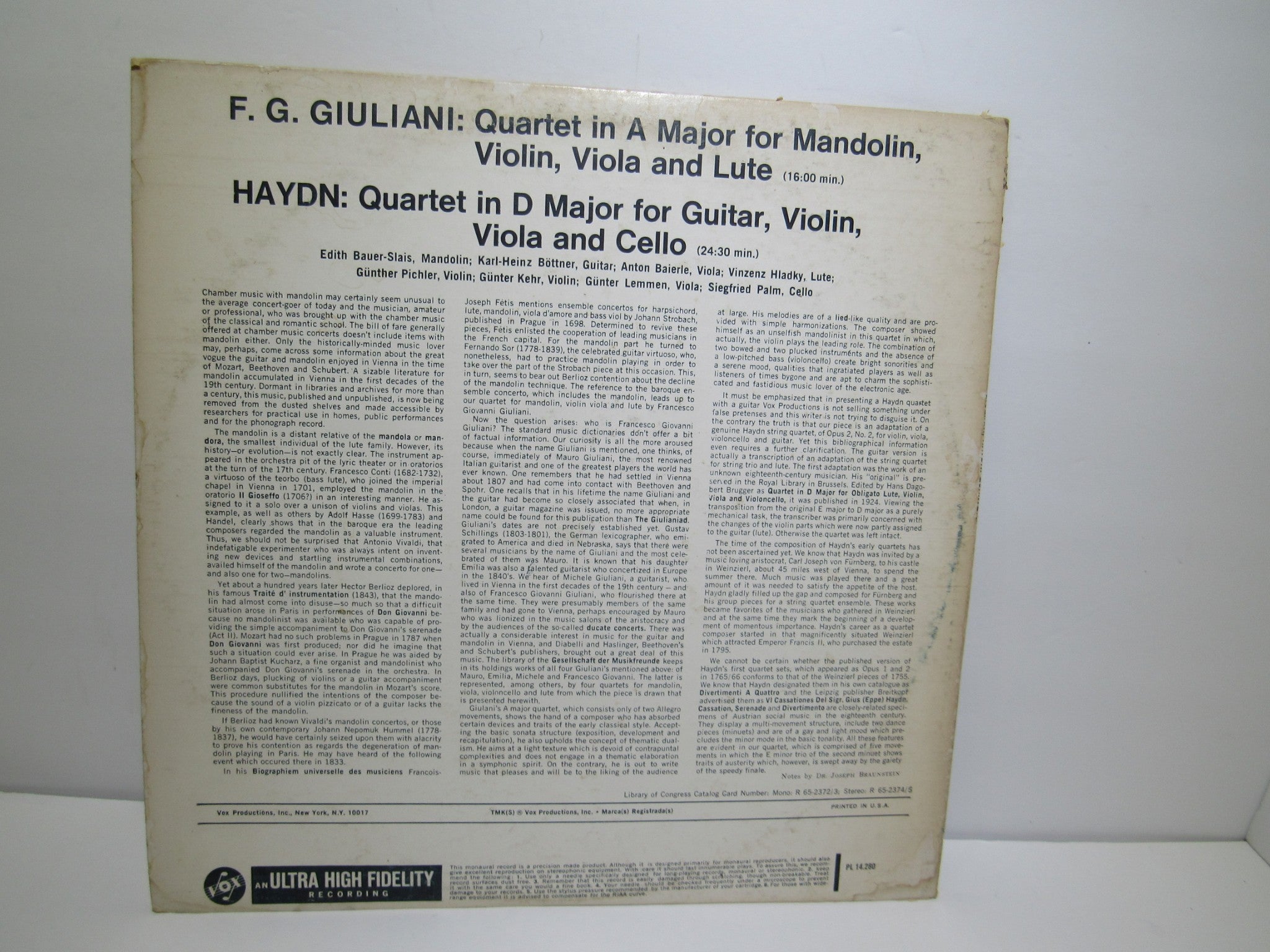 F.G. Giuliani / Haydn: Music For Mandolin And Guitar PL 14 280 LP Grade: VG