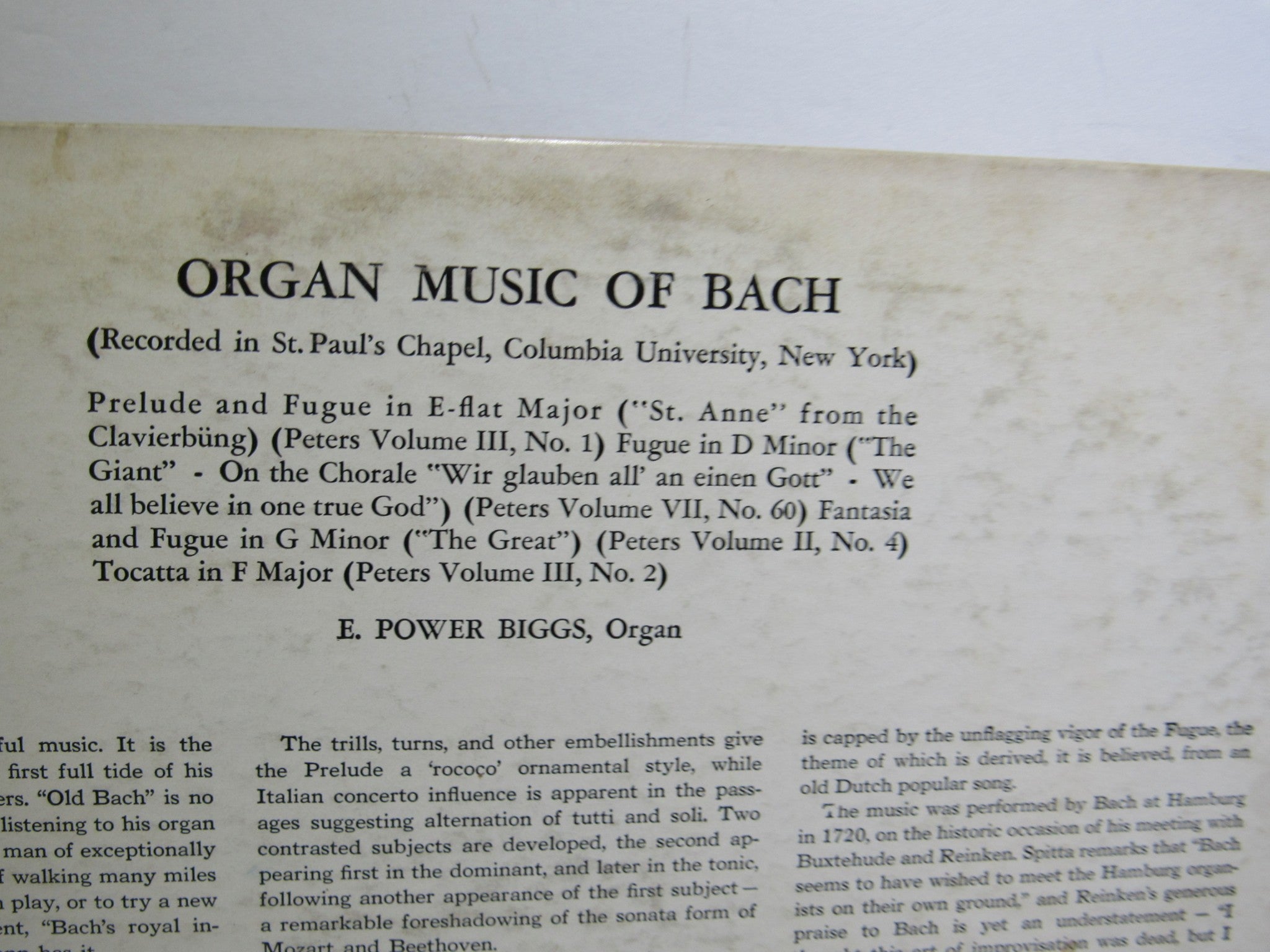 Bach / E. Power Biggs: Organ Music Of Bach Columbia Masterworks ML 4097 LP G+