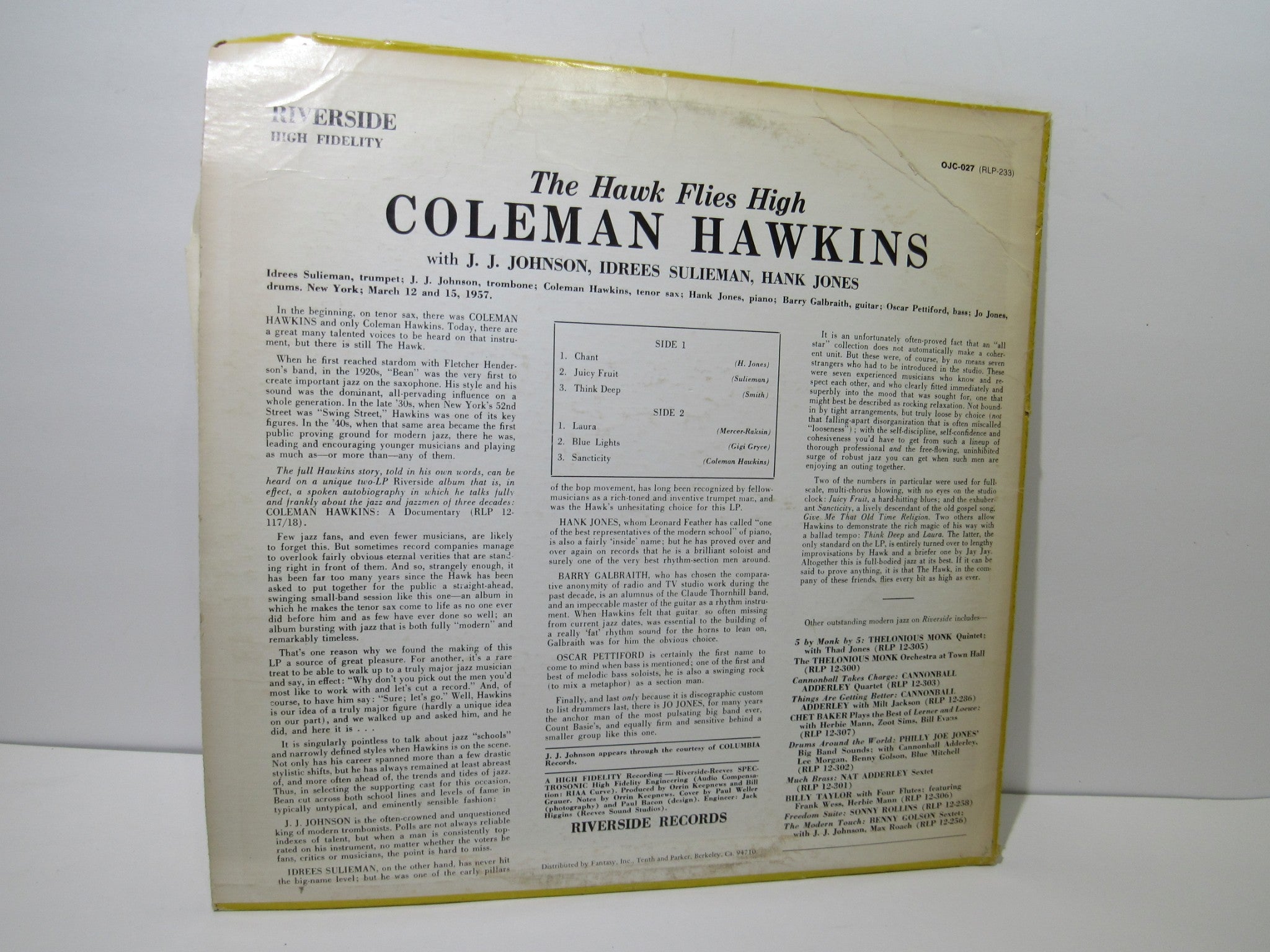 Coleman Hawkins: The Hawk Flies High Riverside OJC-027 White Label LP Grade: VG+