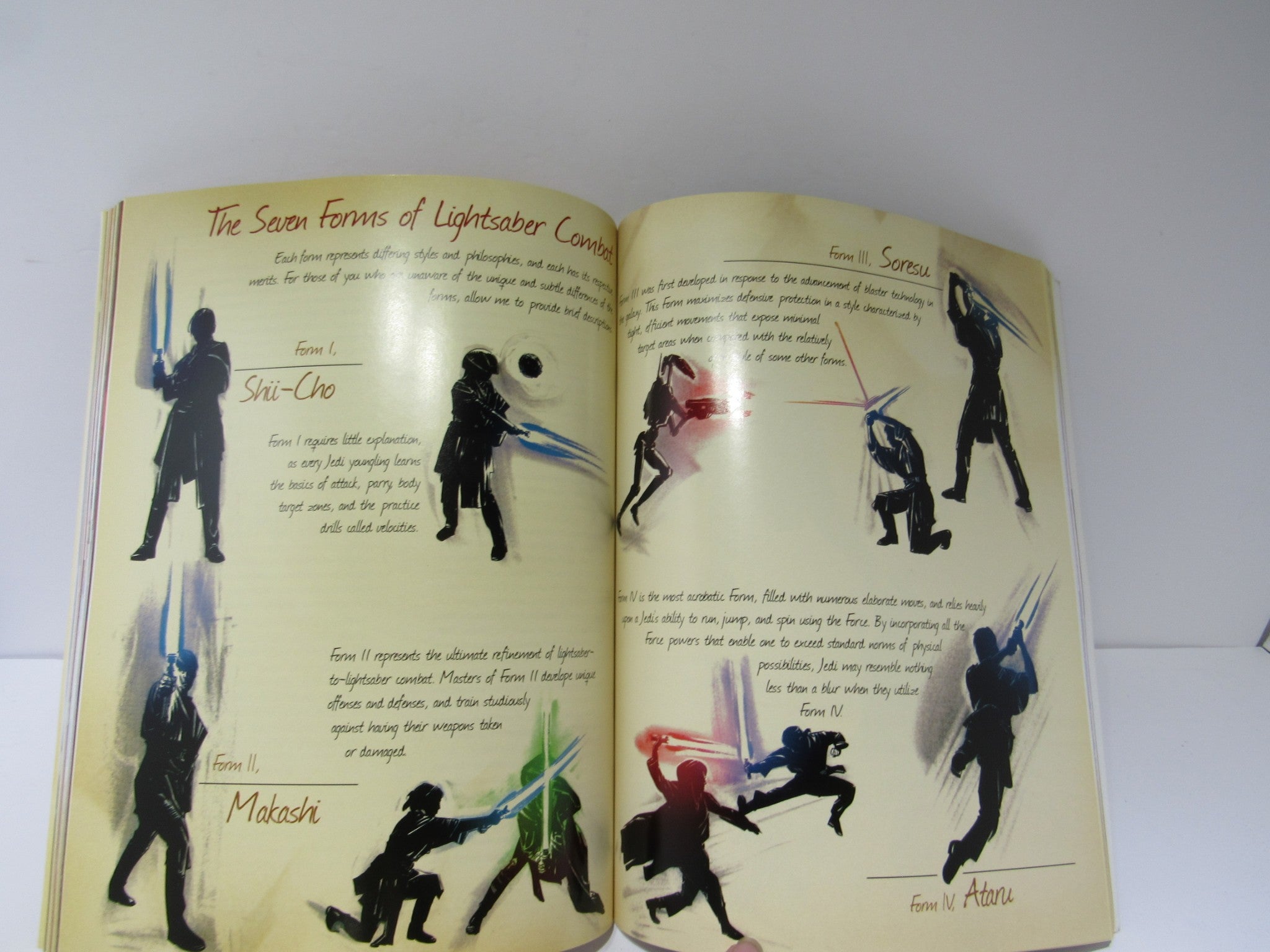 Interior page of Star Wars Jedi vs. Sith: The Essential Guide to the Force illustrating the seven forms of lightsaber combat.