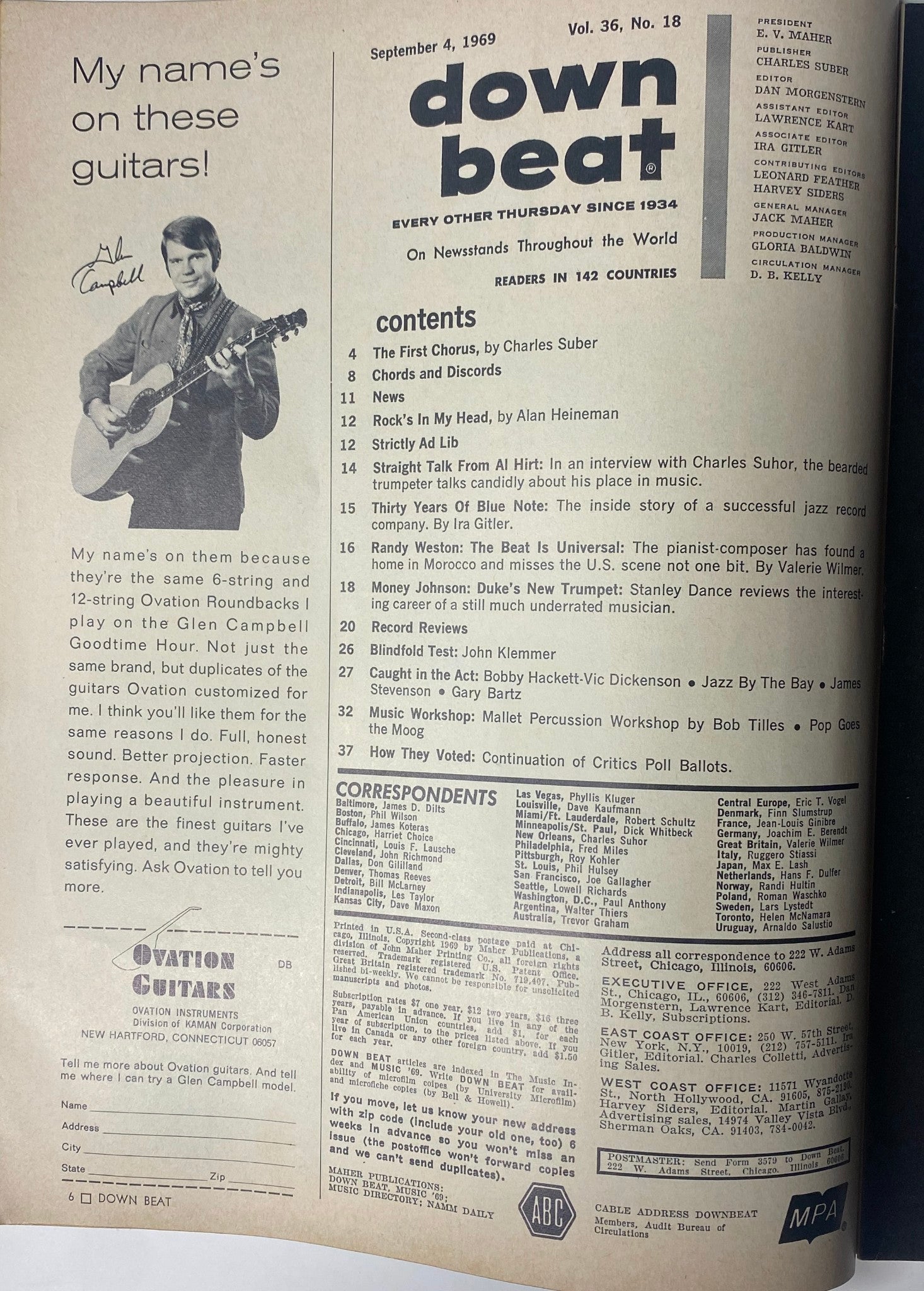 Down Beat Magazine September 4, 1969 Vol 36 No. 18 featuring Al Hirt on the cover, showcasing articles and reviews about jazz music, including an interview with Al Hirt and highlights from Blue Note Records.