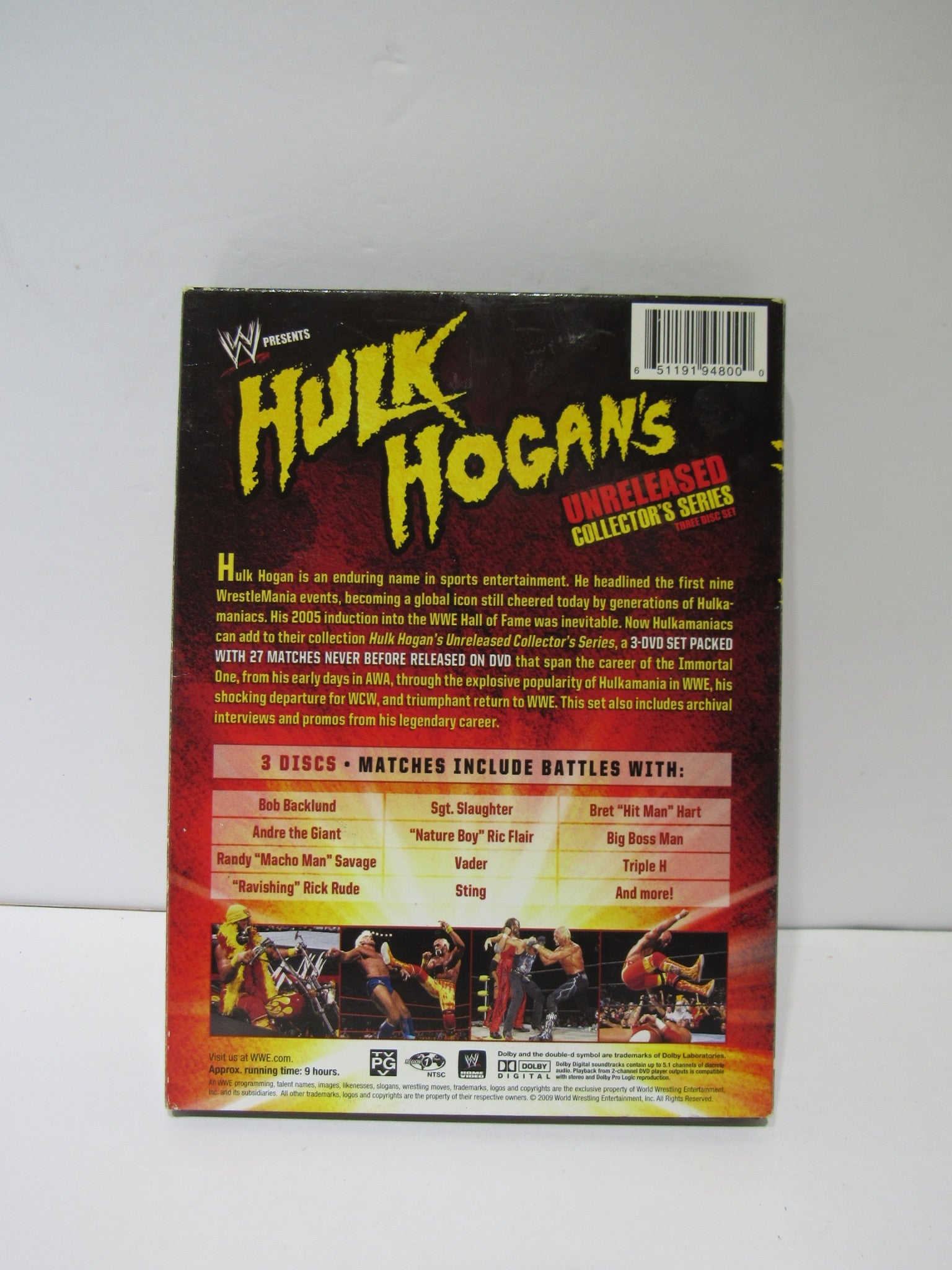 Back cover of WWE: Hulk Hogan's Unreleased Collector's Series (2009) DVD, featuring descriptions of matches and wrestlers including Hulk Hogan, Randy Savage, and Ric Flair.
