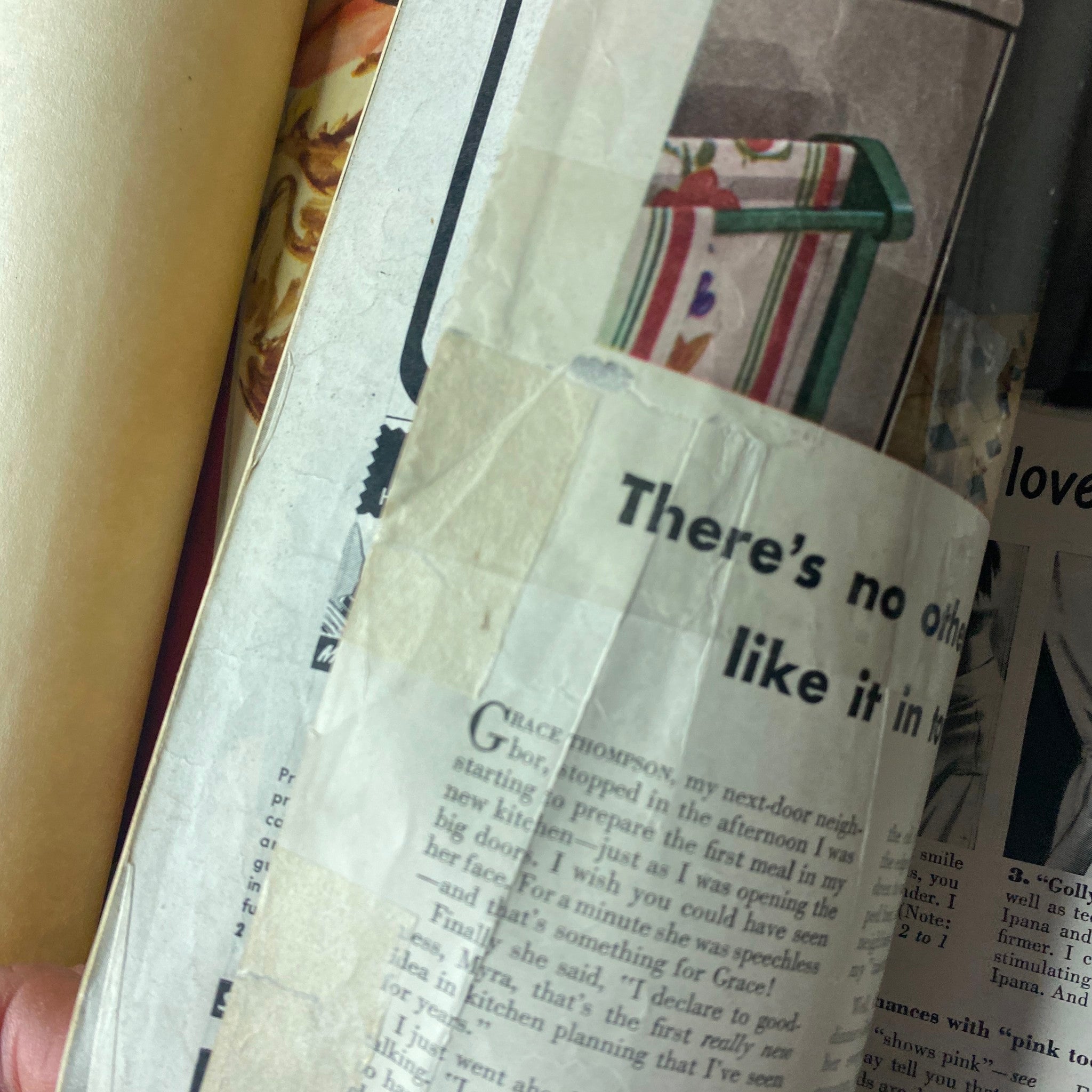 Detailed view of magazine pages in the Ladies' Home Journal Bound Magazine 1944 July - December, showing text and an illustrative ad.