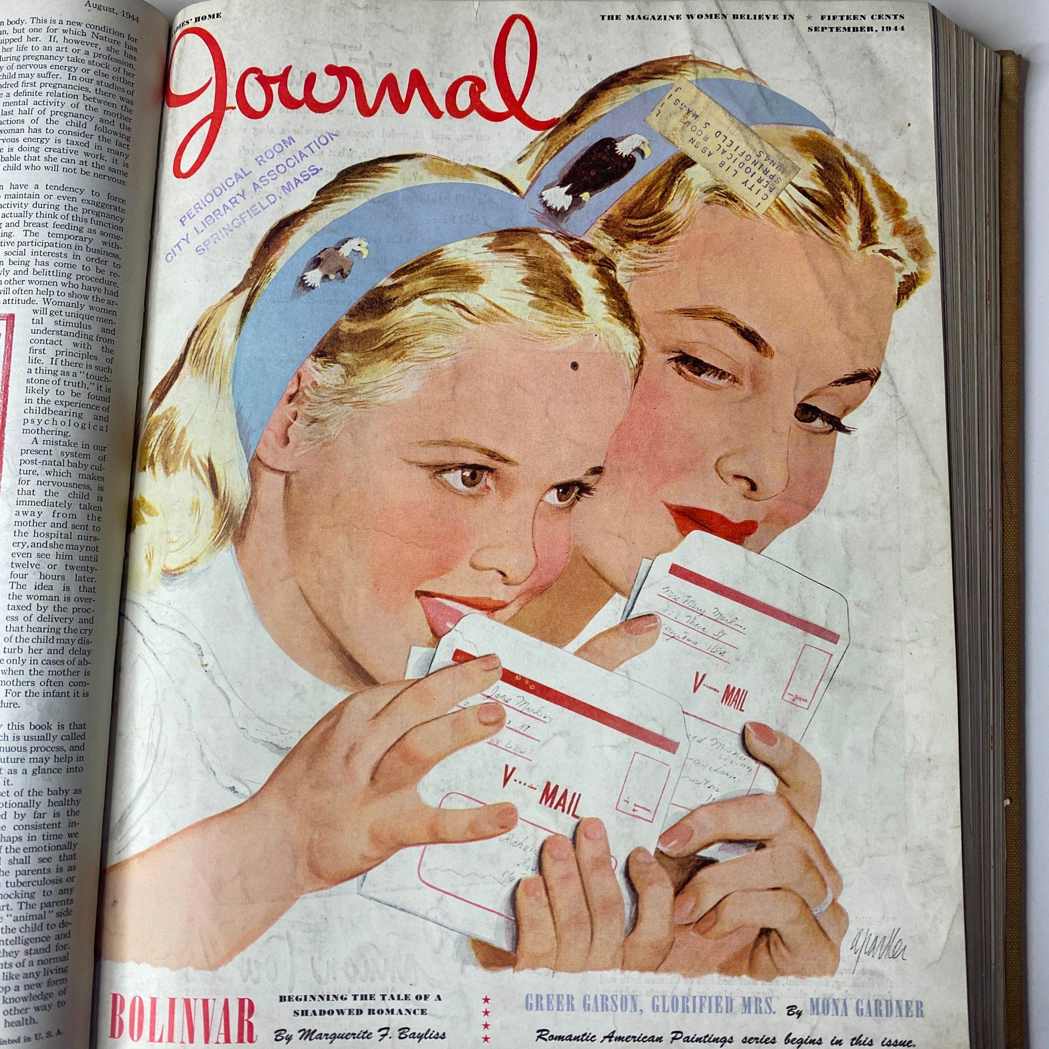 Cover of the Ladies' Home Journal, August 1944, featuring two women, one blonde and one with darker hair, holding letters, highlighting 1940s wartime communication.