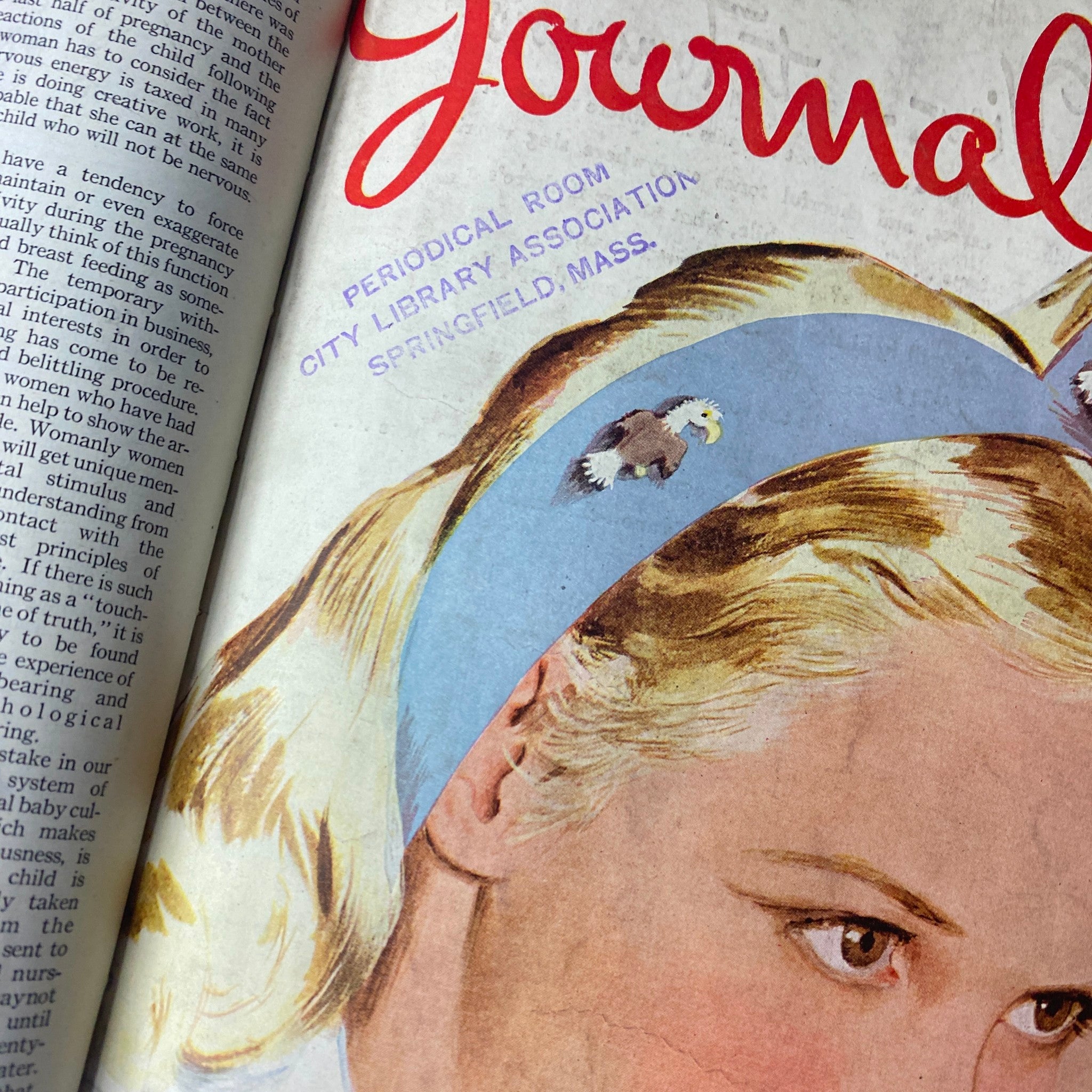 Close-up of a Ladies' Home Journal cover from September 1944 with a blonde woman wearing a blue headband with an eagle emblem, reflecting mid-20th century trends.