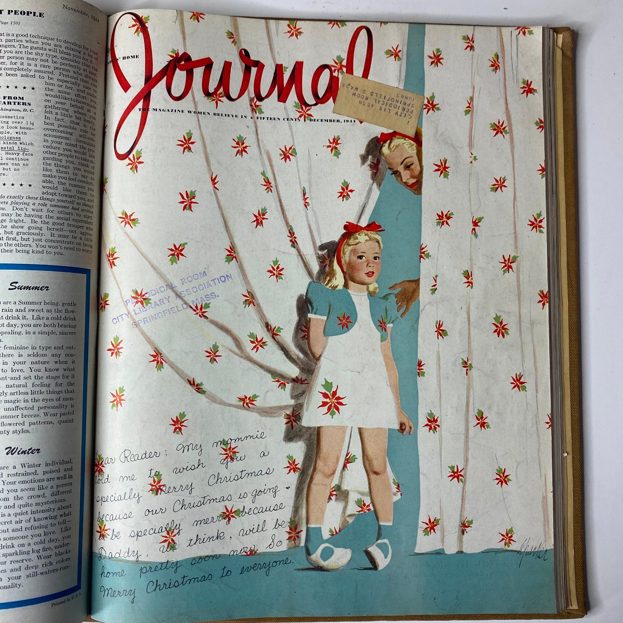 Cover of Ladies' Home Journal Library Bound Magazine July - December 1944 featuring festive holiday imagery and a child dressed in a vintage outfit.