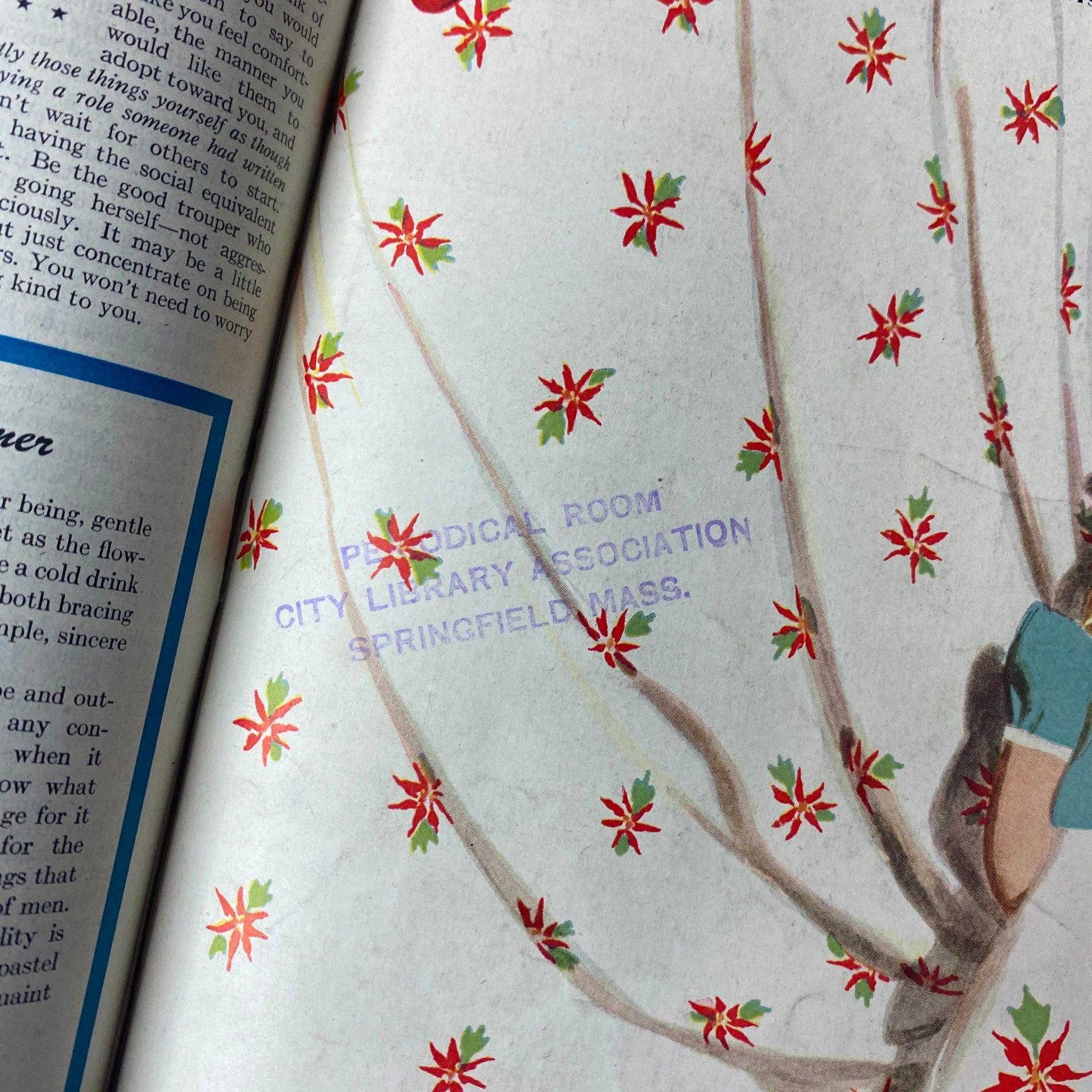 Close-up of the inside cover of Ladies' Home Journal Library Bound Magazine July - December 1944 showing decorative design elements and library stamp.