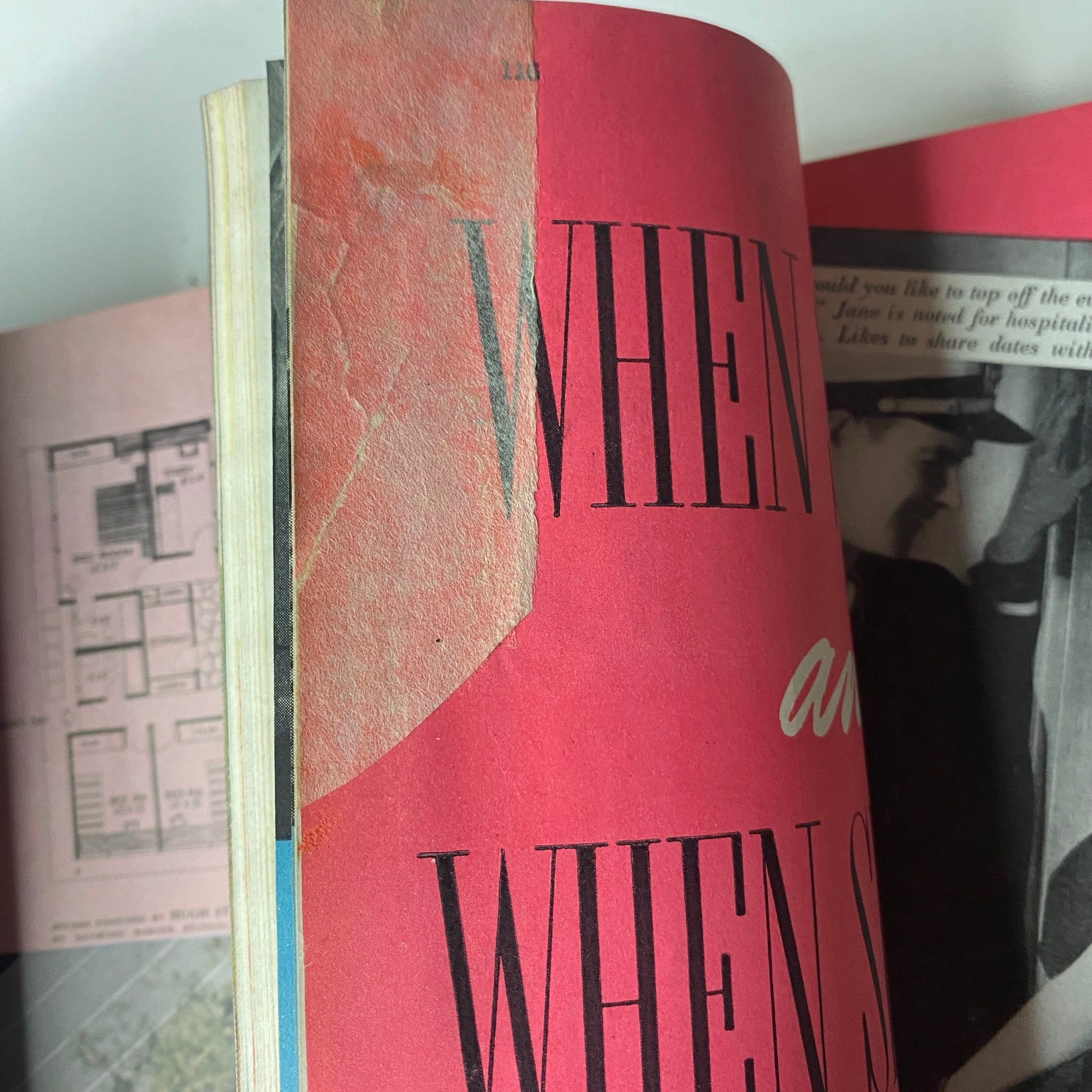 Detail shot of Ladies' Home Journal magazine spine, showcasing vintage wear consistent with a bound collection from 1946.