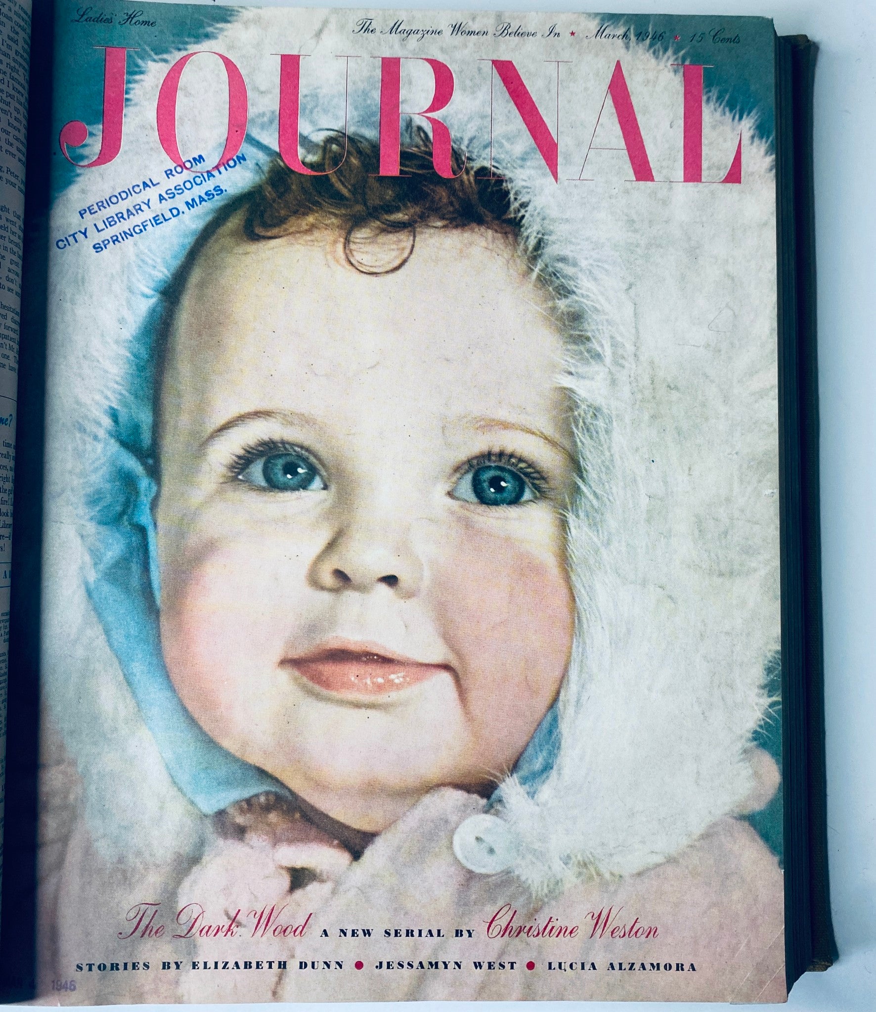 Cover image of the Ladies' Home Journal magazine from March 1946 featuring a close-up portrait of a baby with striking blue eyes, wearing a fur hood, showcasing vintage magazine design.