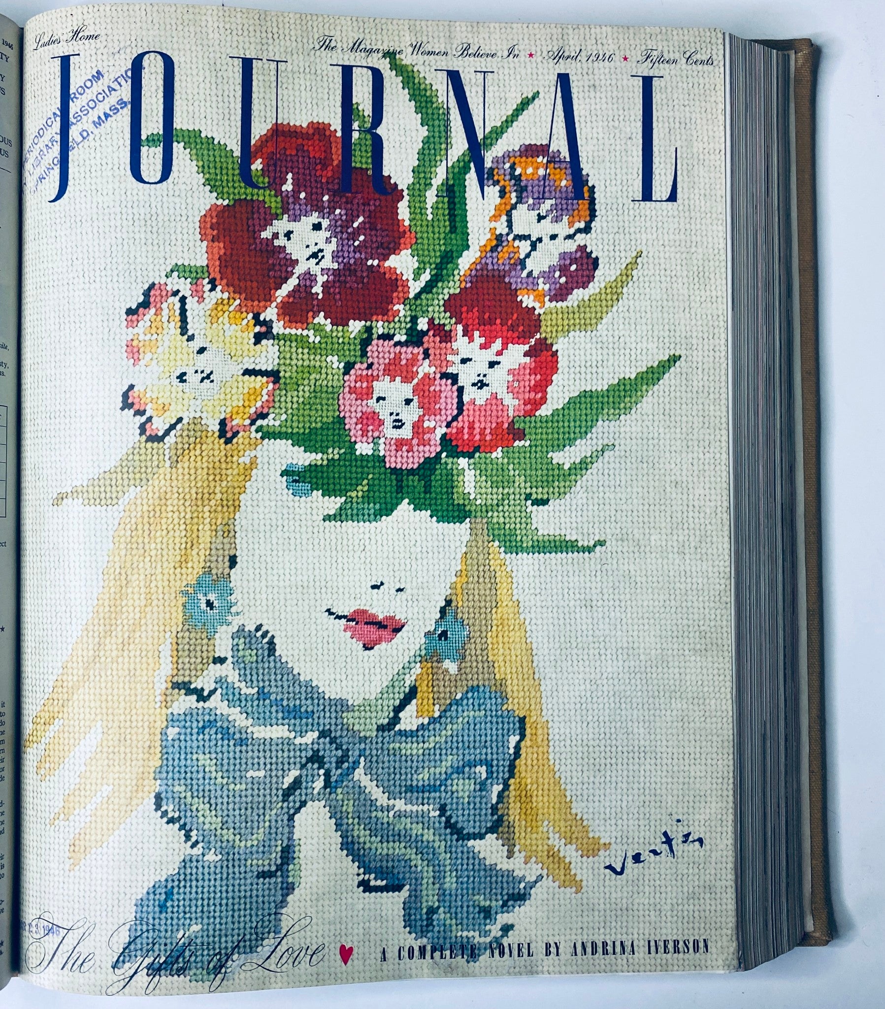 Cover image of the Ladies' Home Journal magazine from April 1946 displaying an artistic illustration of a woman adorned with colorful flowers, highlighting vintage floral designs in magazine art.