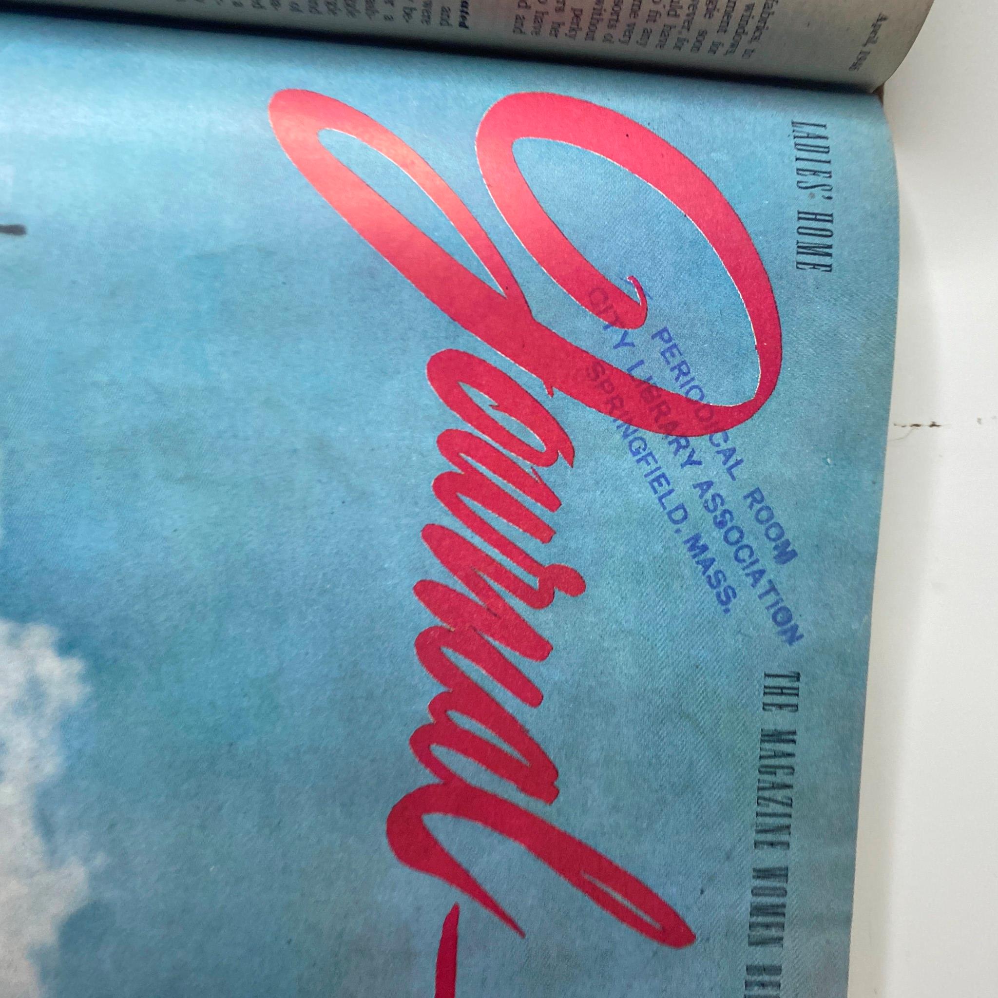Close-up view of the Ladies' Home Journal magazine cover from May 1946 highlighting the magazine's title in bold red against a blue sky, showcasing vintage typography and design.