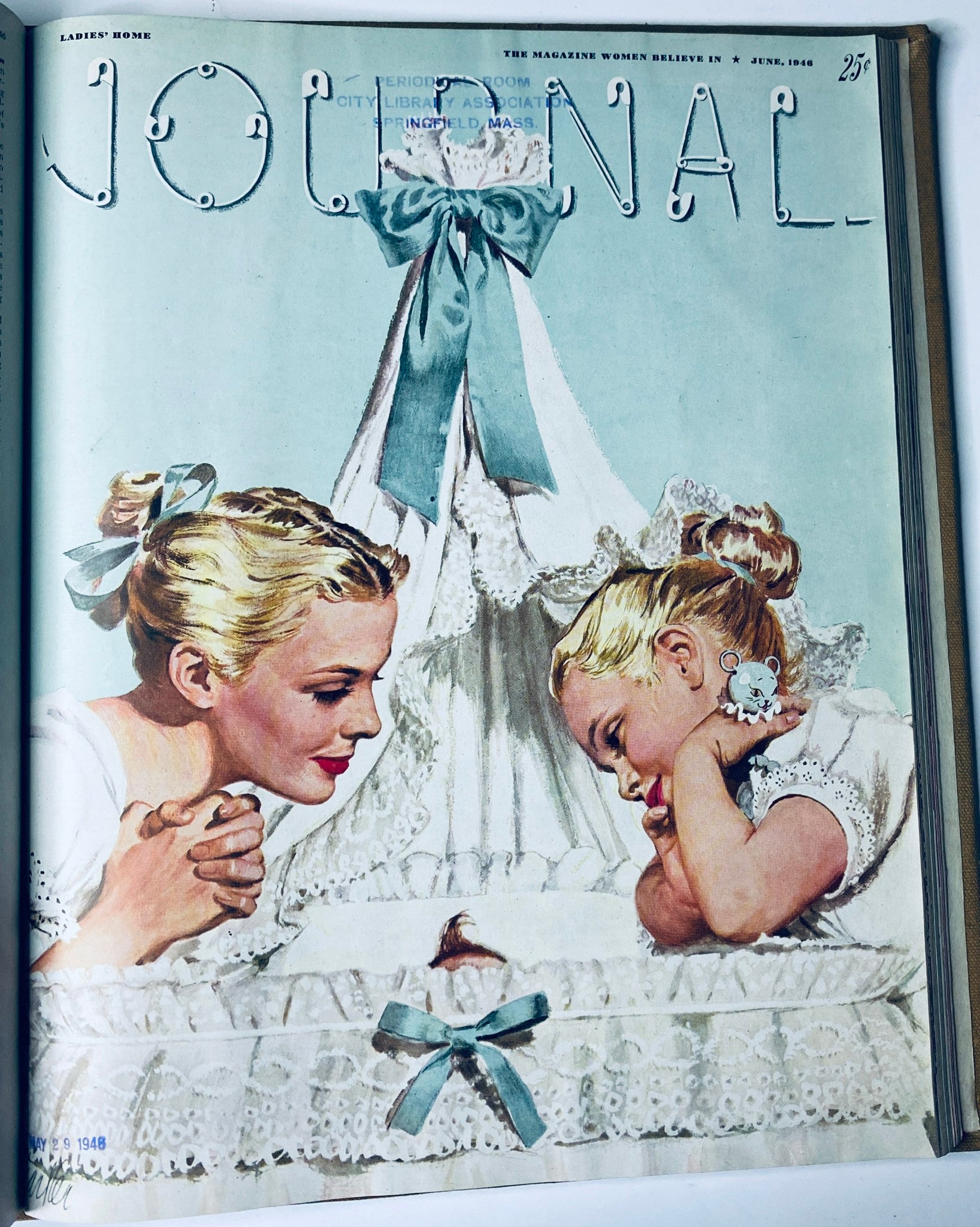 Cover of the Ladies' Home Journal Bound Magazine 1946 showcasing a mother and child with a blue ribbon and lace design.