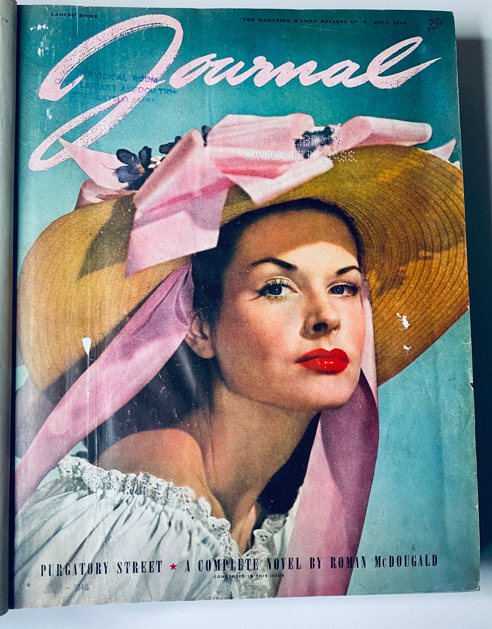 Cover of Ladies' Home Journal Bound Magazine 1946 featuring a woman in a straw hat and a pink bow, showcasing vintage style from July 1946.